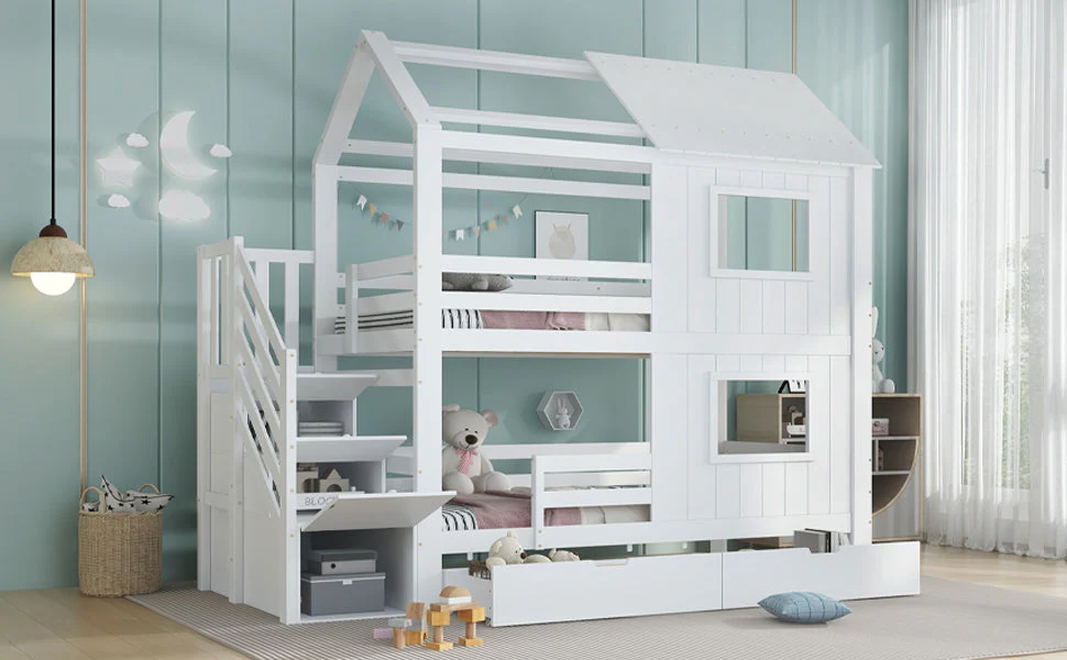 Bunk Bed with Stair Wardrobe, Storage, Window/Roof, 90x200cm, Pine/MDF/Plywood White - Image 8