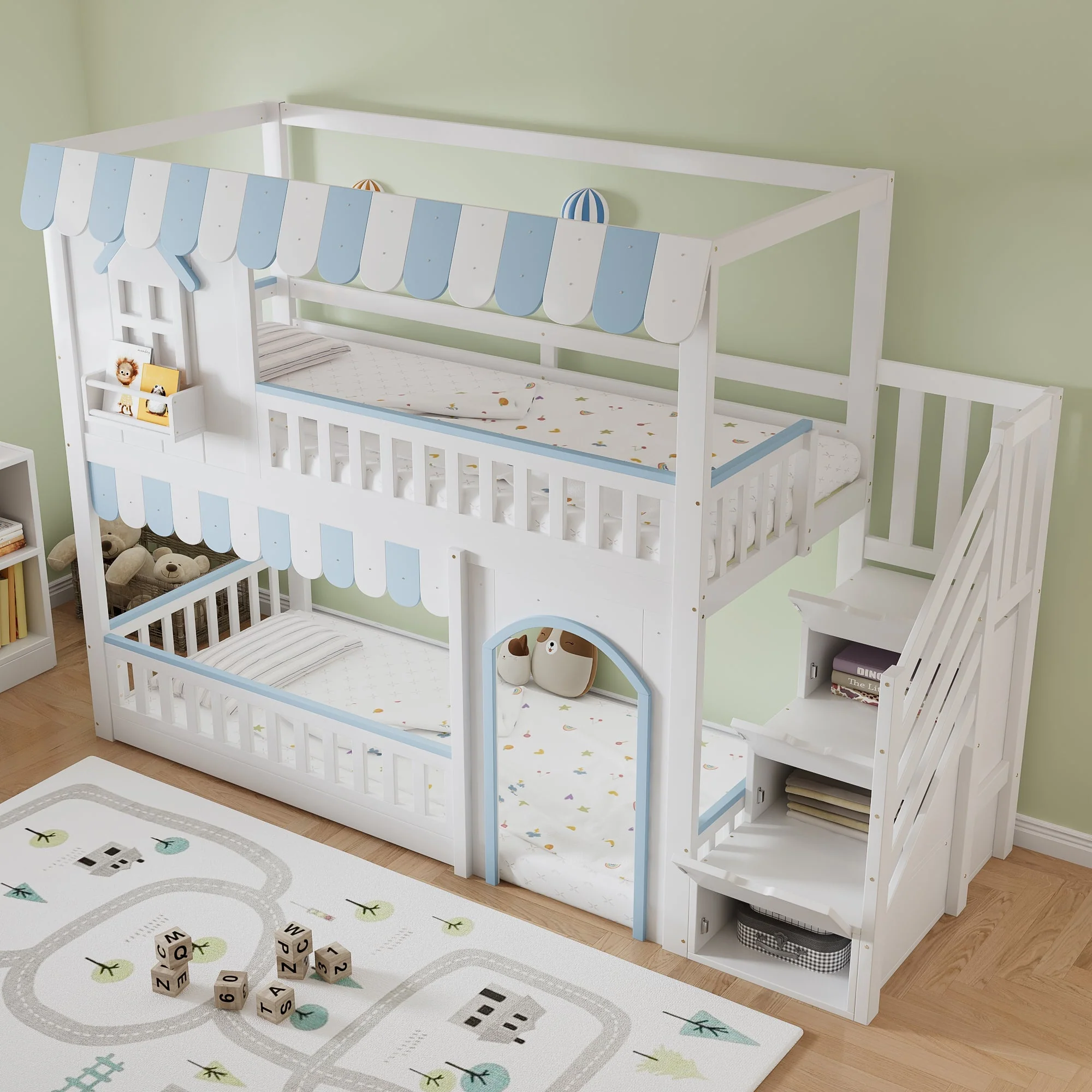 Bunk Bed with Staircase Storage and Decorative Windows, 90x200cm, White and Blue Pine + MDF + Plywood - Image 3