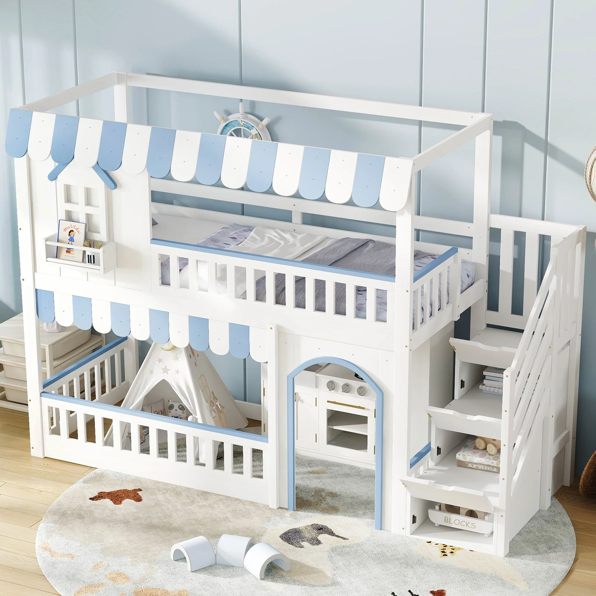 Bunk Bed with Staircase Storage and Decorative Windows, 90x200cm, White and Blue Pine + MDF + Plywood - Image 6