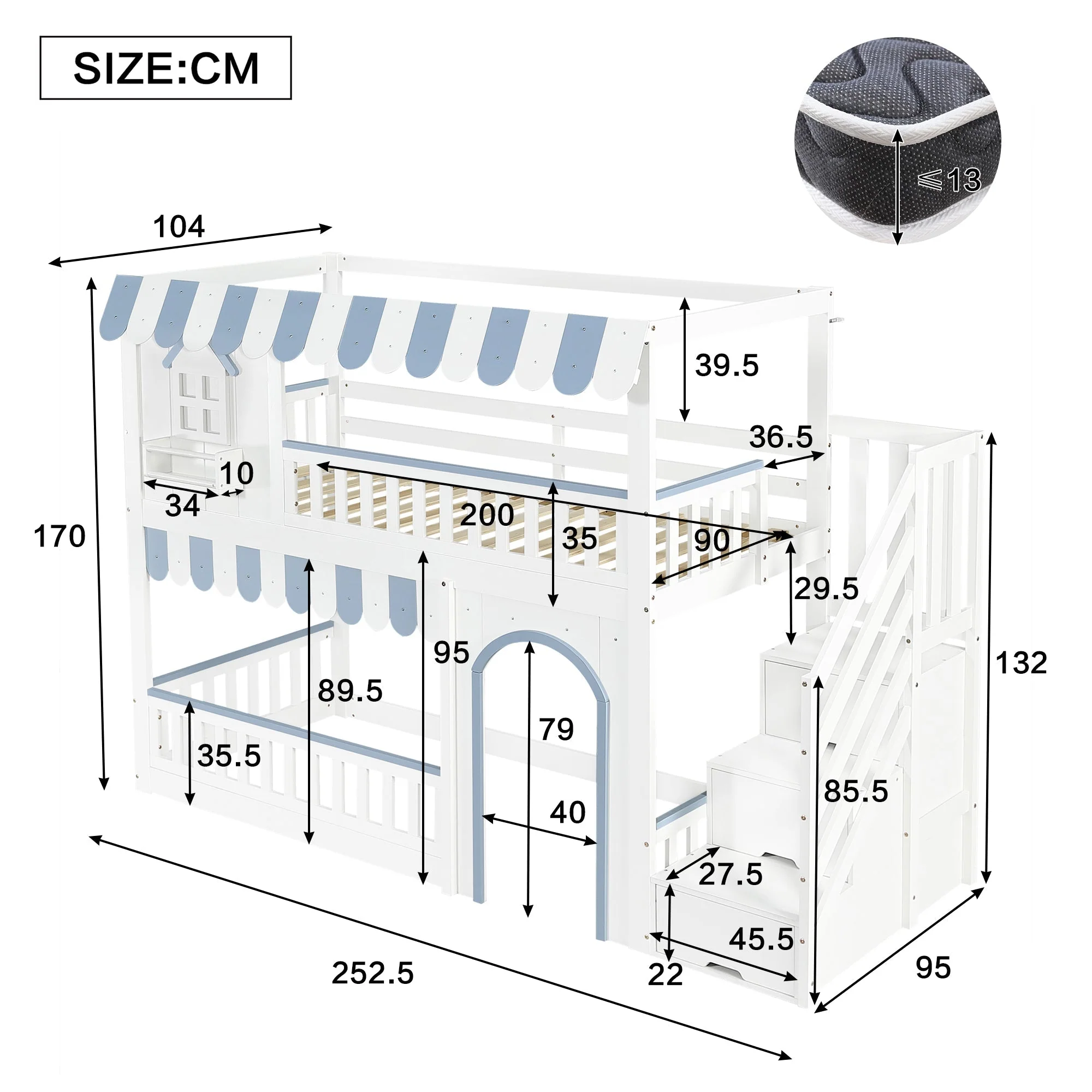 Bunk Bed with Staircase Storage and Decorative Windows, 90x200cm, White and Blue Pine + MDF + Plywood - Image 7