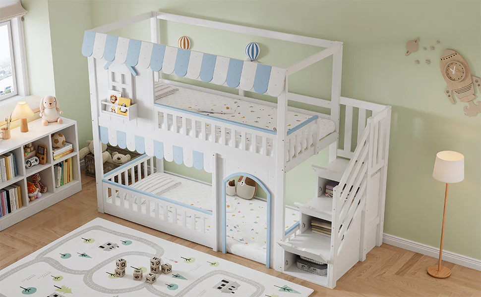 Bunk Bed with Staircase Storage and Decorative Windows, 90x200cm, White and Blue Pine + MDF + Plywood - Image 9