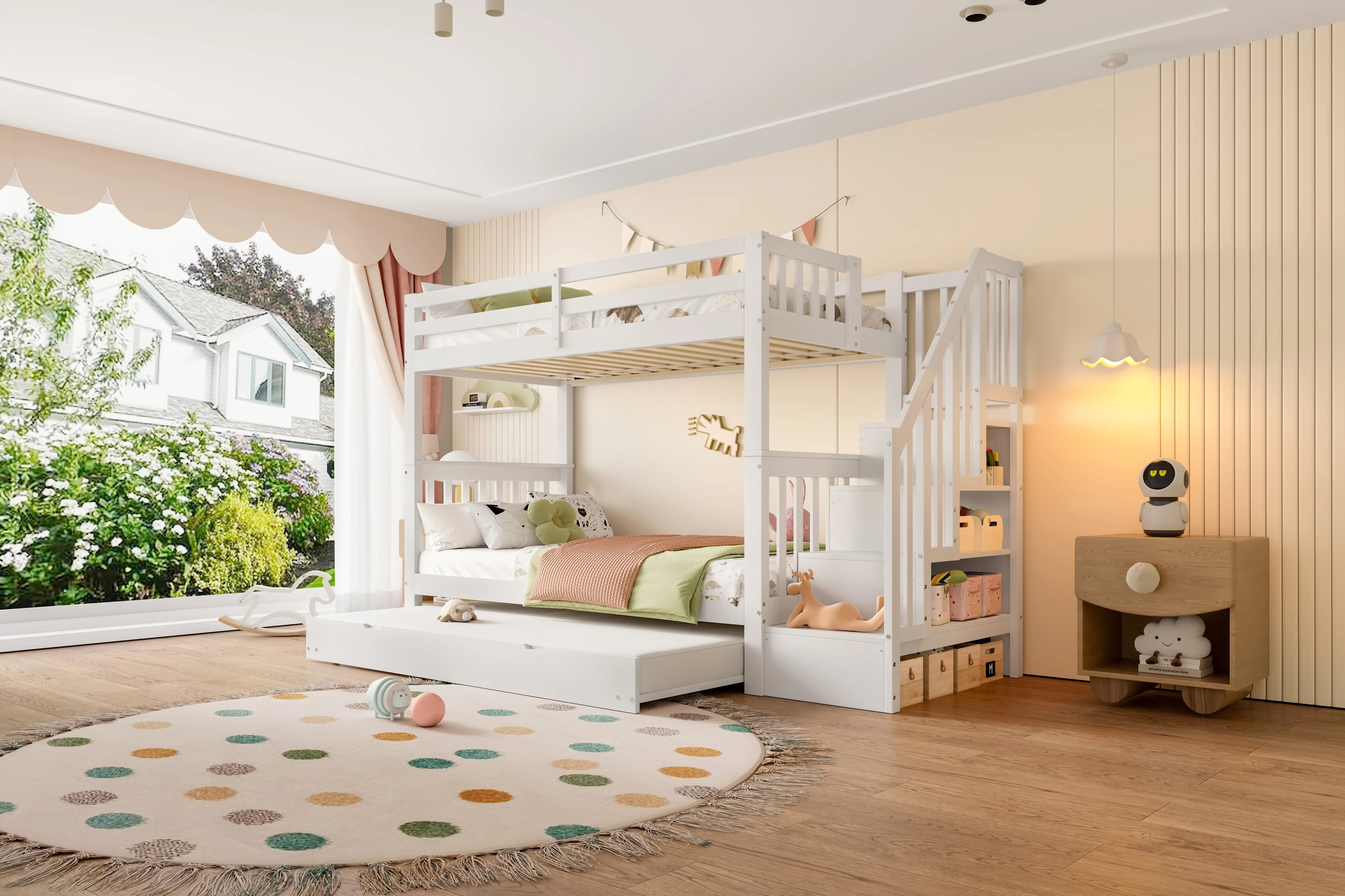 Bunk Bed with Staircase Storage and Pull-out Trundle, 90x200cm, White Pine and MDF - Image 2