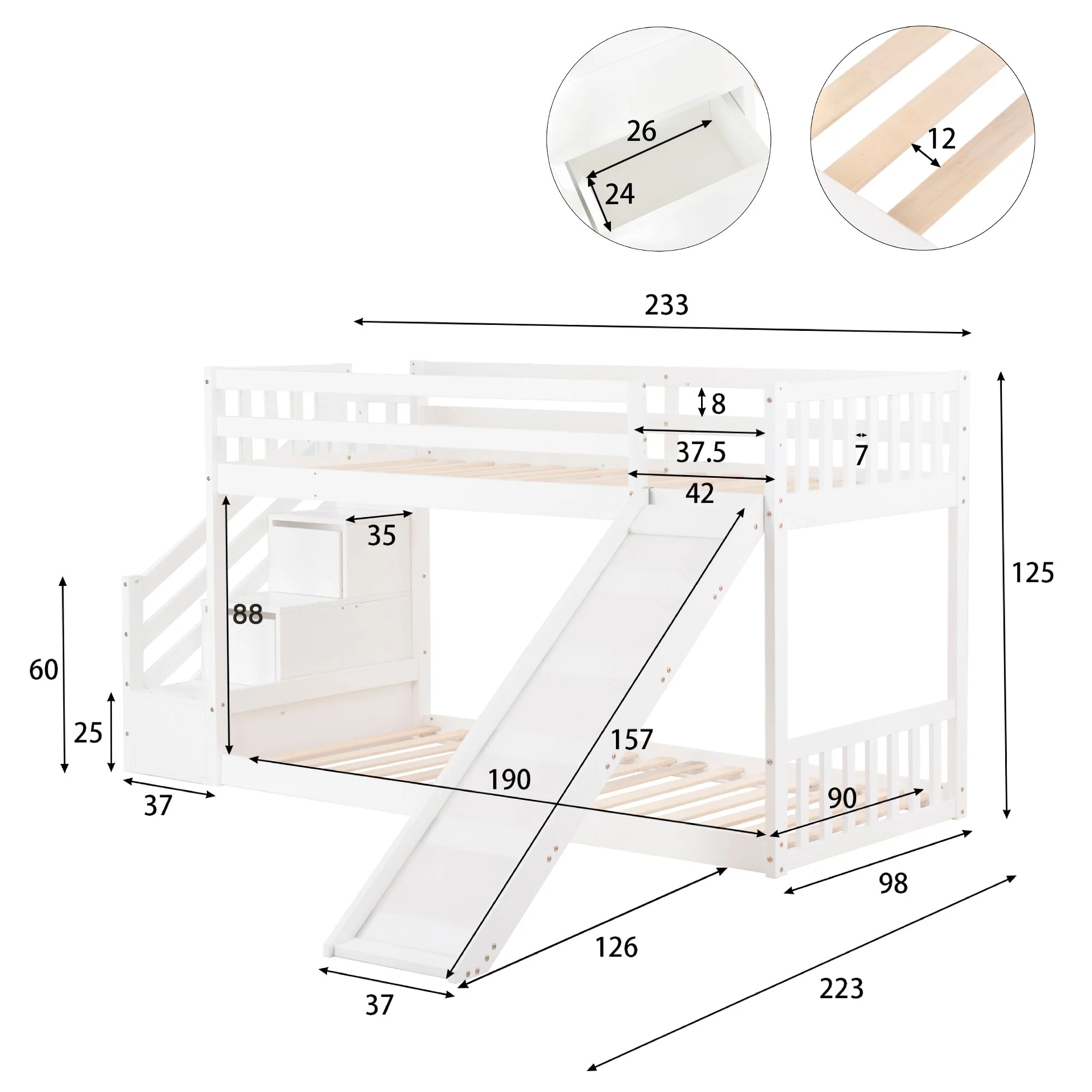 Bunk Bed with Stairs & Slide, Solid Pine Wood Frame, 90x190cm, White - Image 3