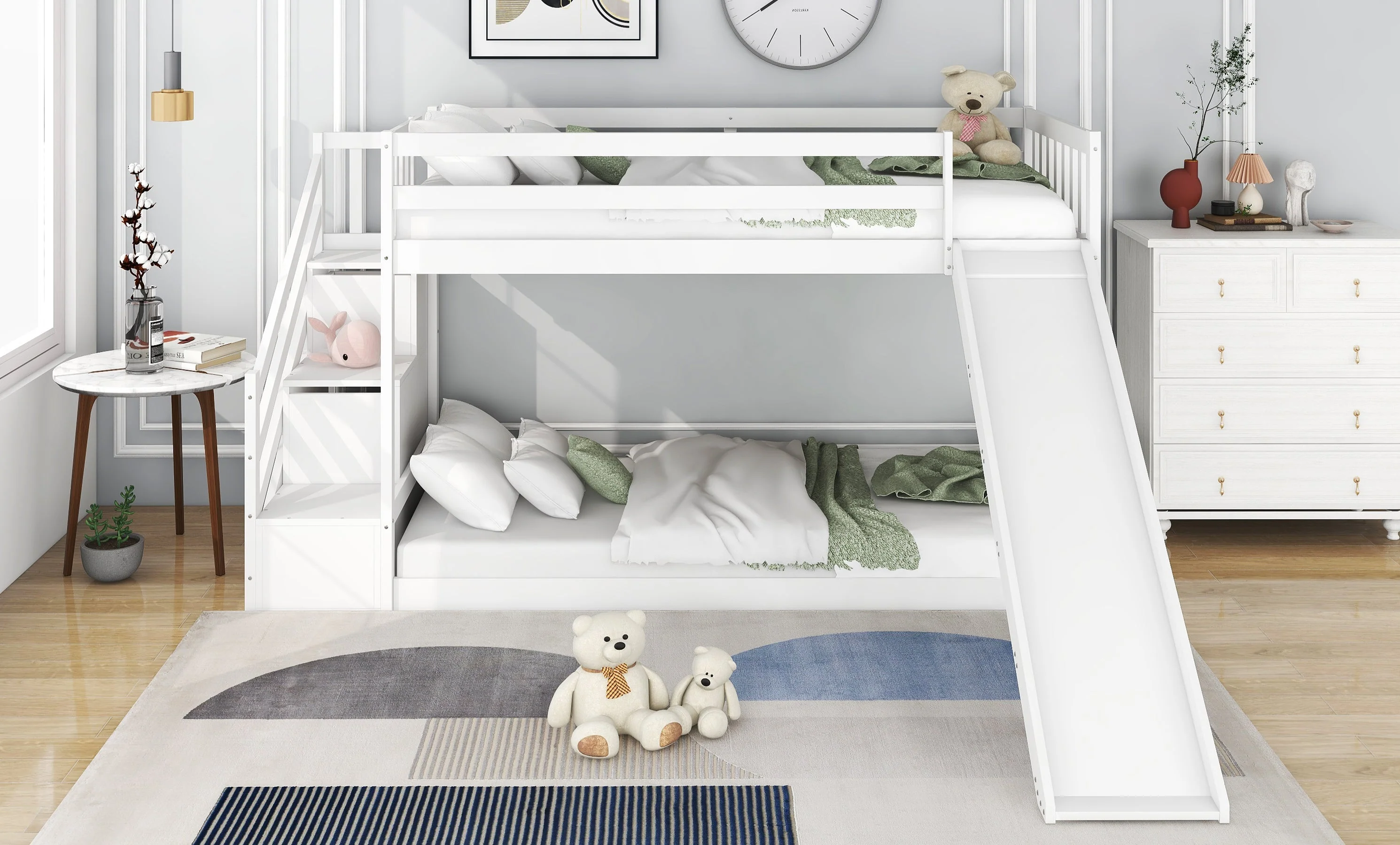 Bunk Bed with Stairs & Slide, Solid Pine Wood Frame, 90x190cm, White - Image 4