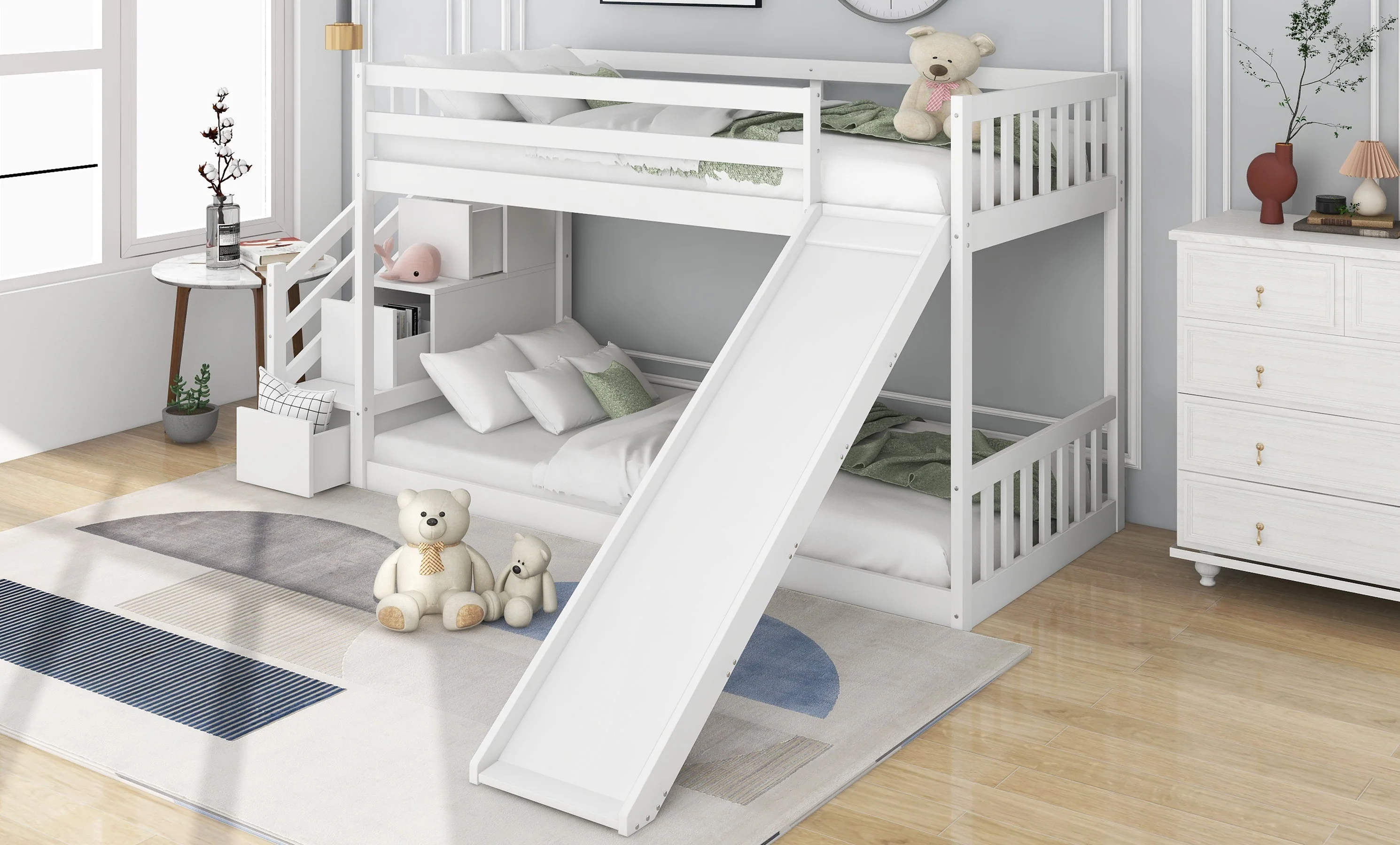 Bunk Bed with Stairs & Slide, Solid Pine Wood Frame, 90x190cm, White - Image 5