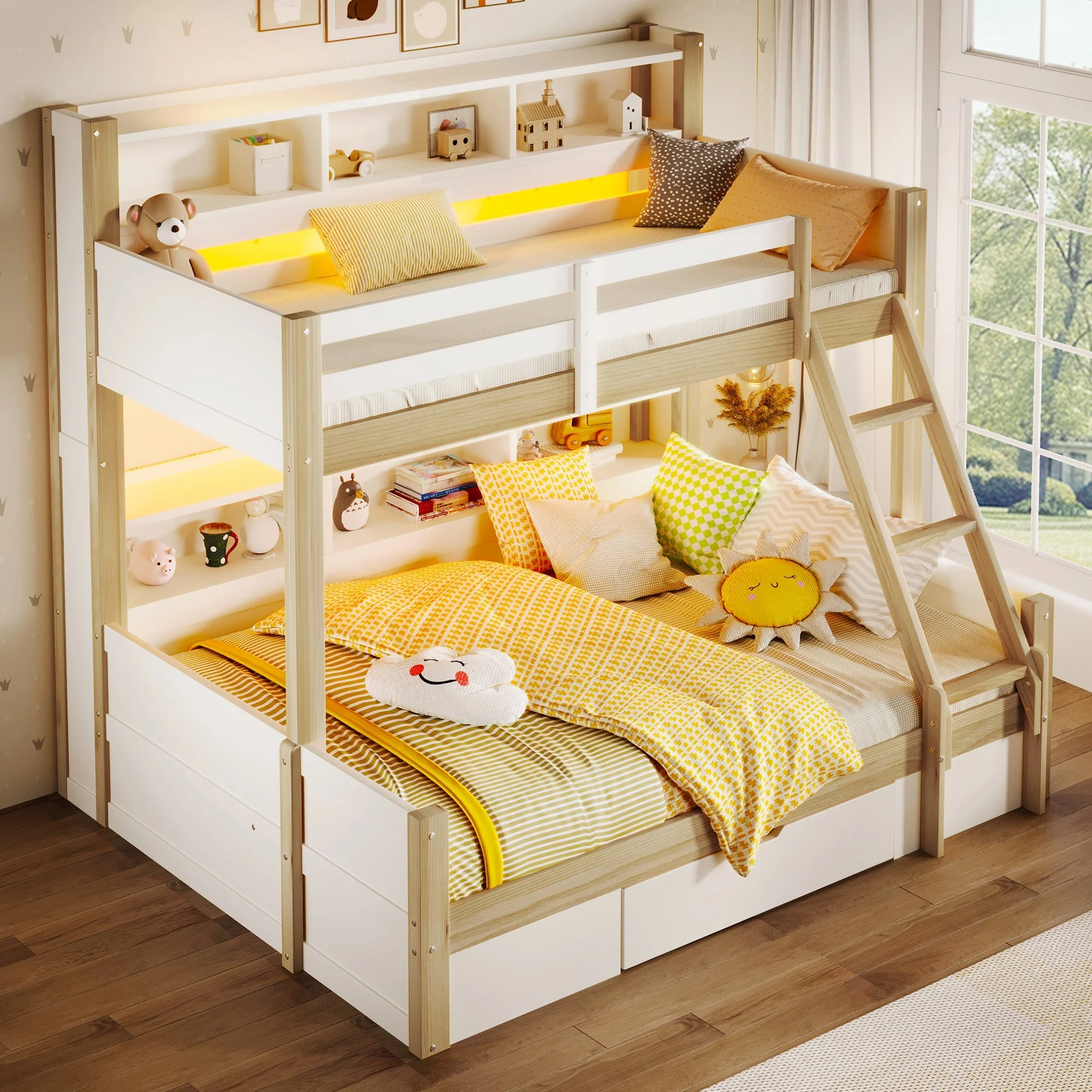 Bunk Bed with Storage Compartments, 1 Drawer and LED Light, 90x200cm + 140x200cm, White and Natural - Image 4