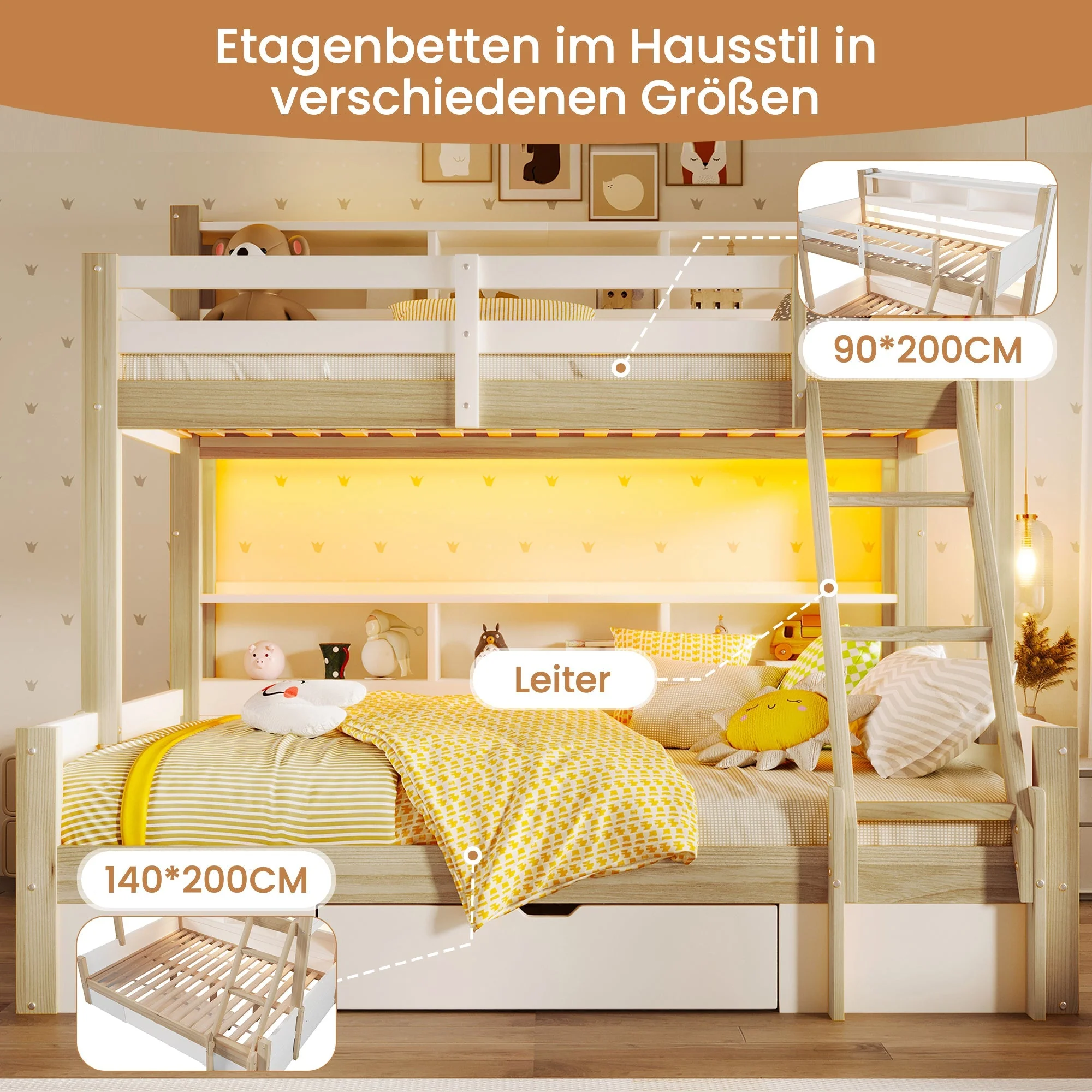 Bunk Bed with Storage Compartments, 1 Drawer and LED Light, 90x200cm + 140x200cm, White and Natural - Image 6