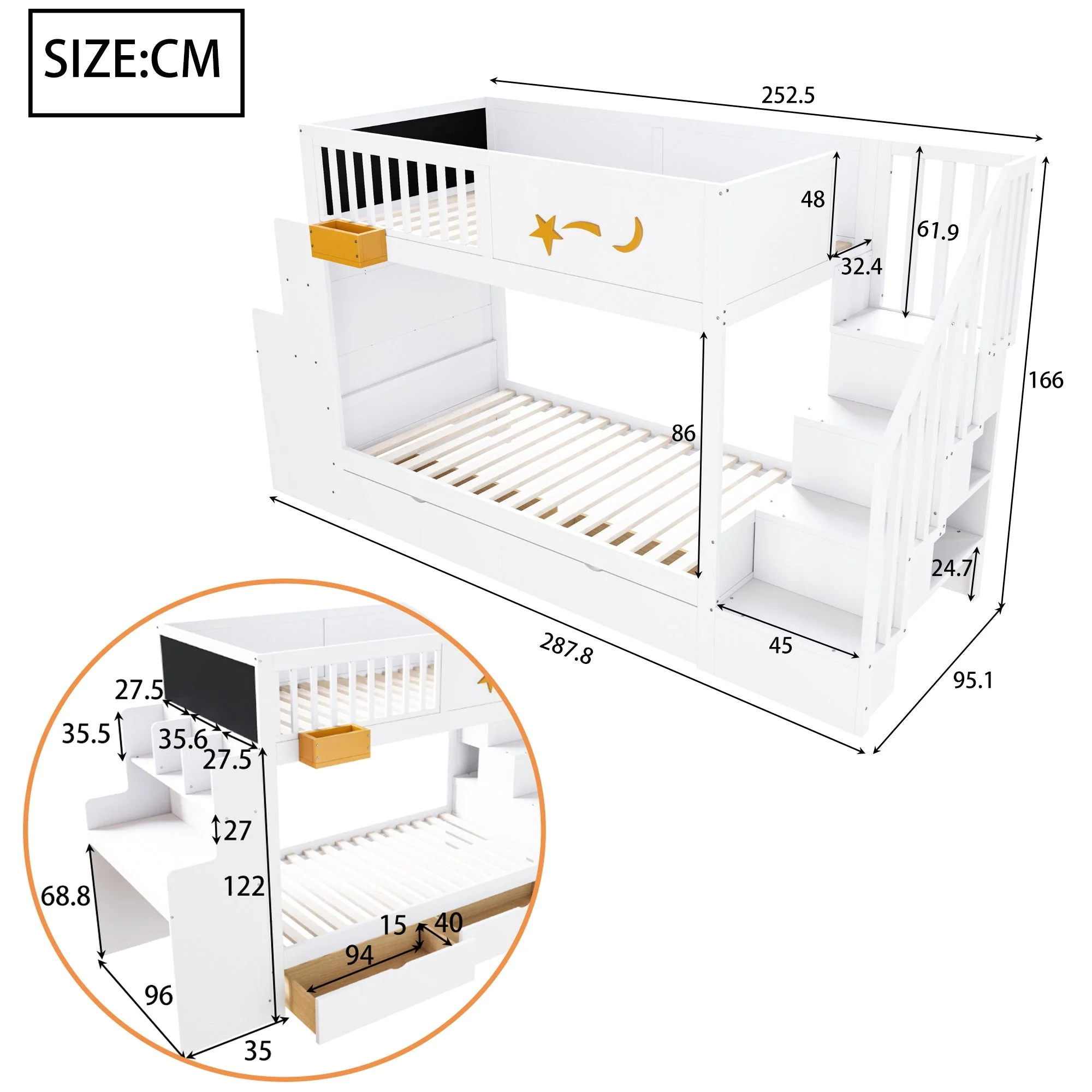 Bunk Bed with Storage Drawers, Safety Stairs, Desk and Star Motif, 90x200cm Solid Pine Wood, White - Image 6