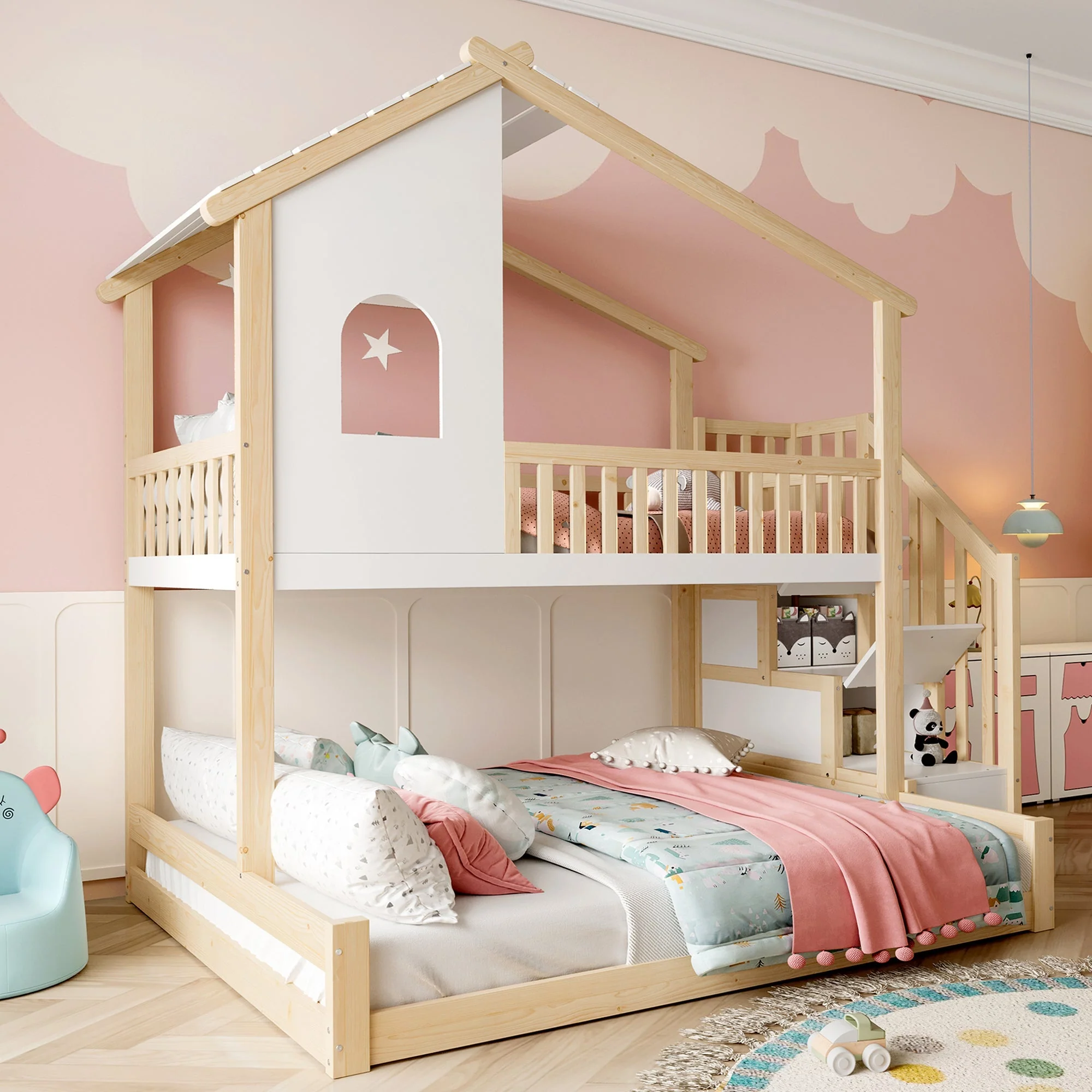 Bunk Bed with Storage Ladder and House Railing, 90x200cm and 140x200cm, Natural and White - Image 2