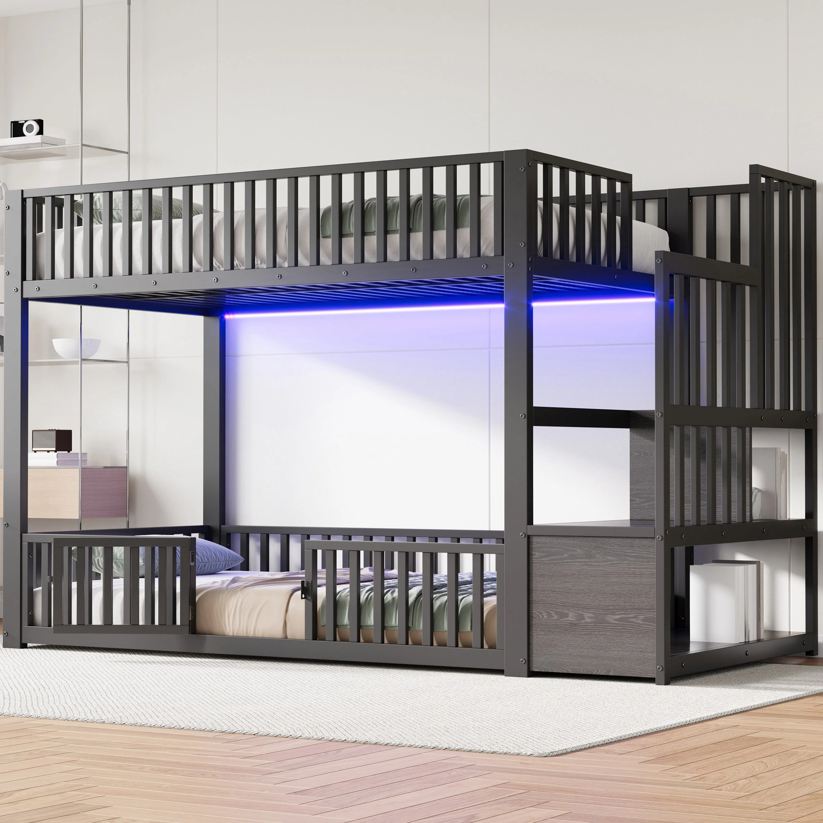 Bunk Bed with Storage Ladder and LED, 90x200cm, Black Metal - Image 2