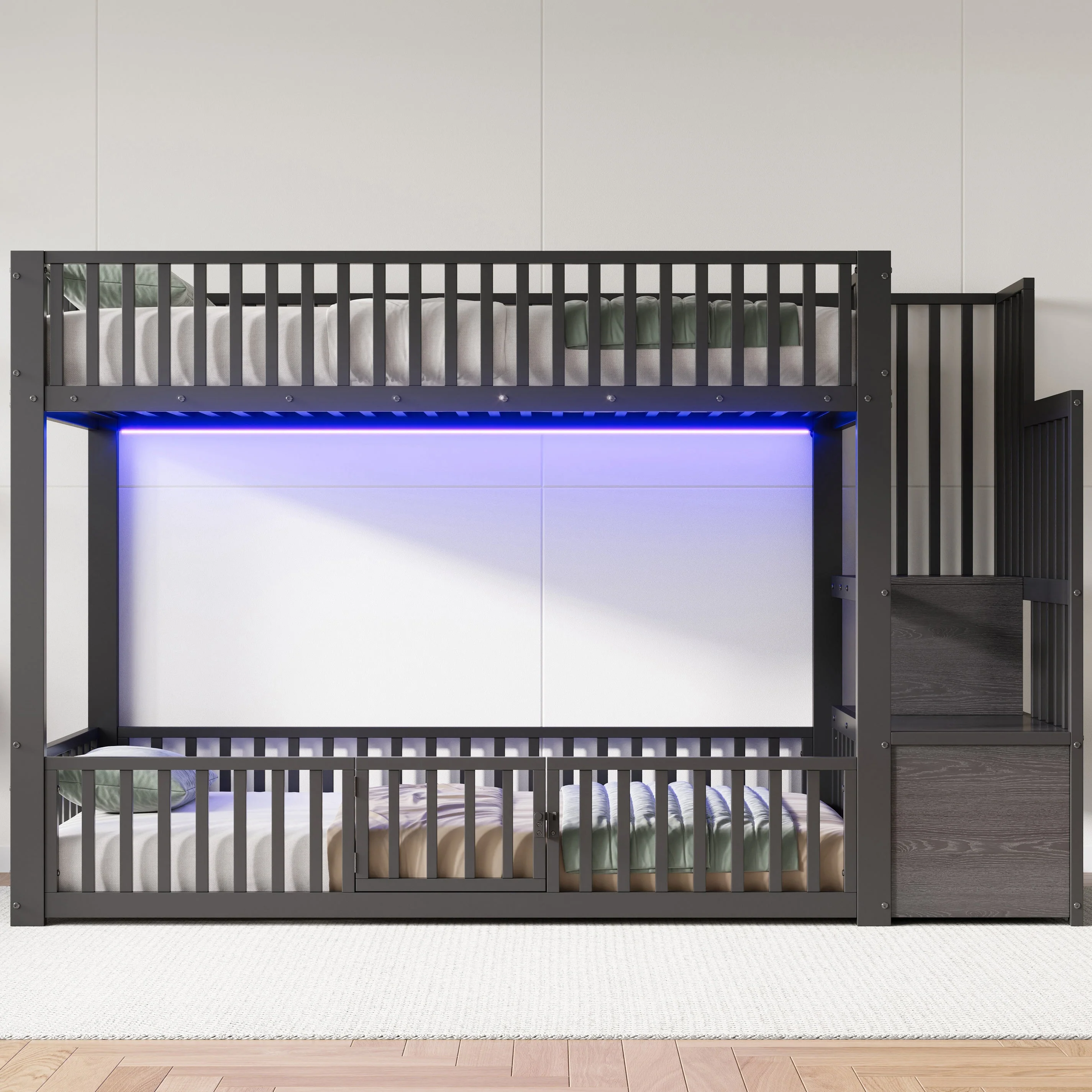Bunk Bed with Storage Ladder and LED, 90x200cm, Black Metal - Image 3