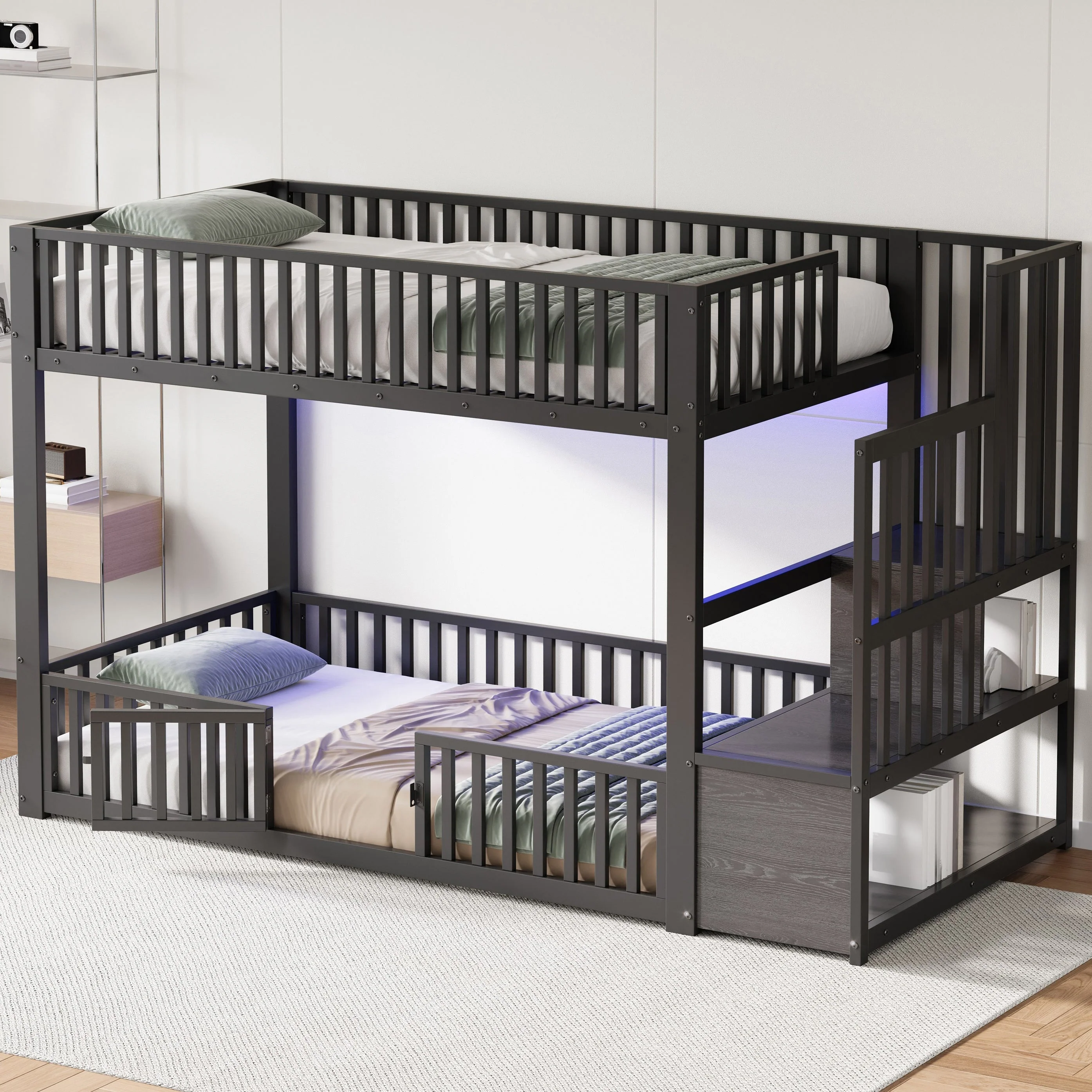 Bunk Bed with Storage Ladder and LED, 90x200cm, Black Metal - Image 4