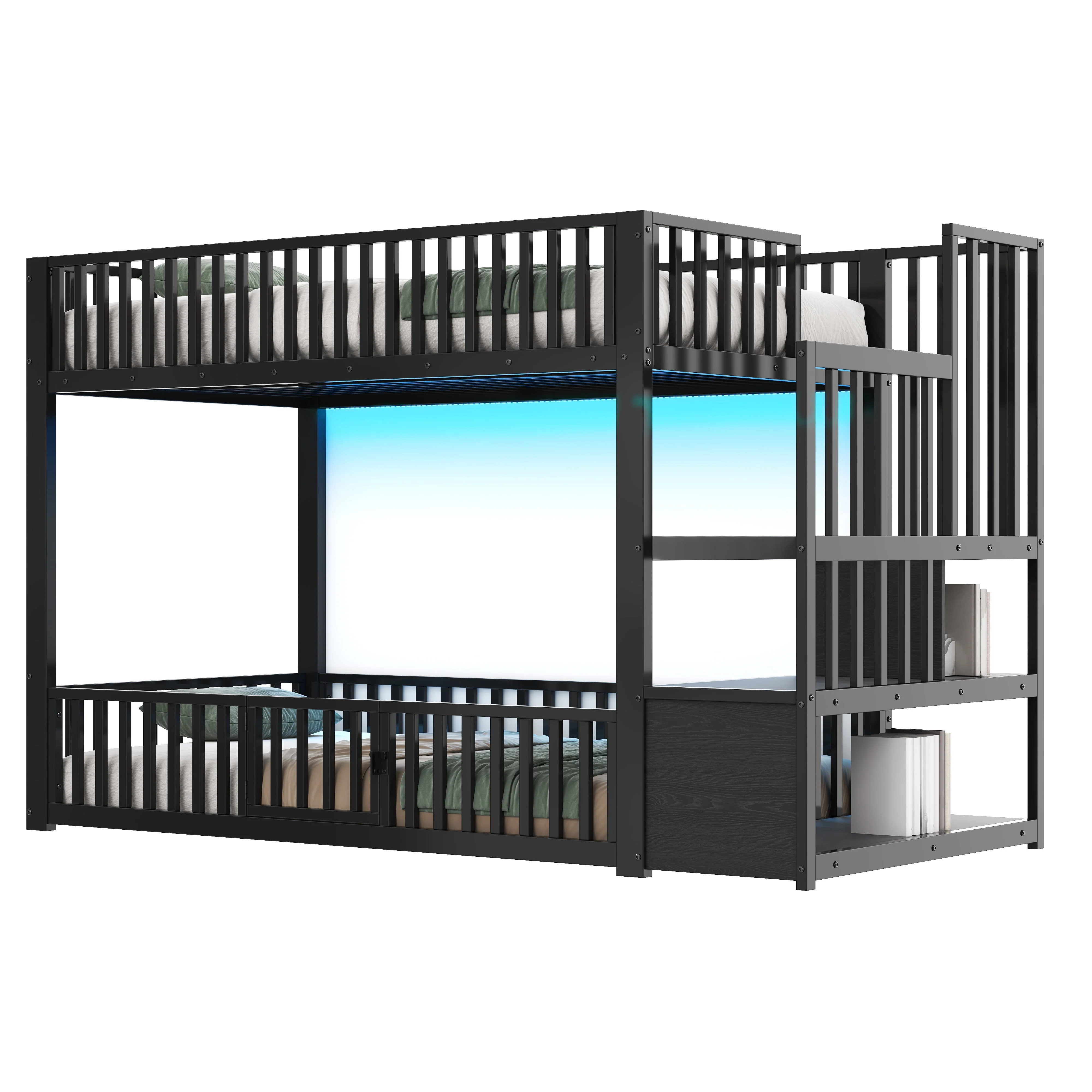 Bunk Bed with Storage Ladder and LED, 90x200cm, Black Metal - Image 5