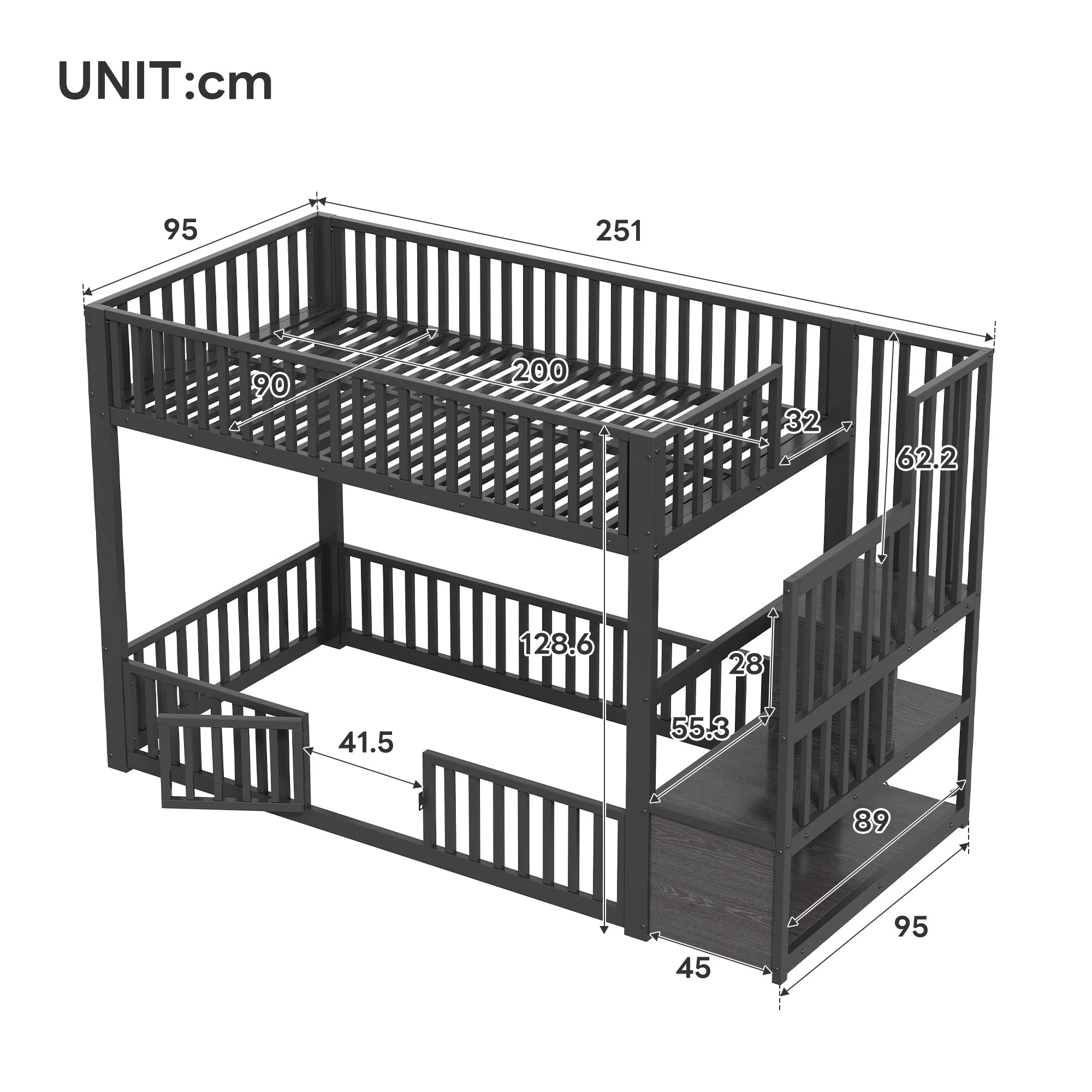 Bunk Bed with Storage Ladder and LED, 90x200cm, Black Metal - Image 6