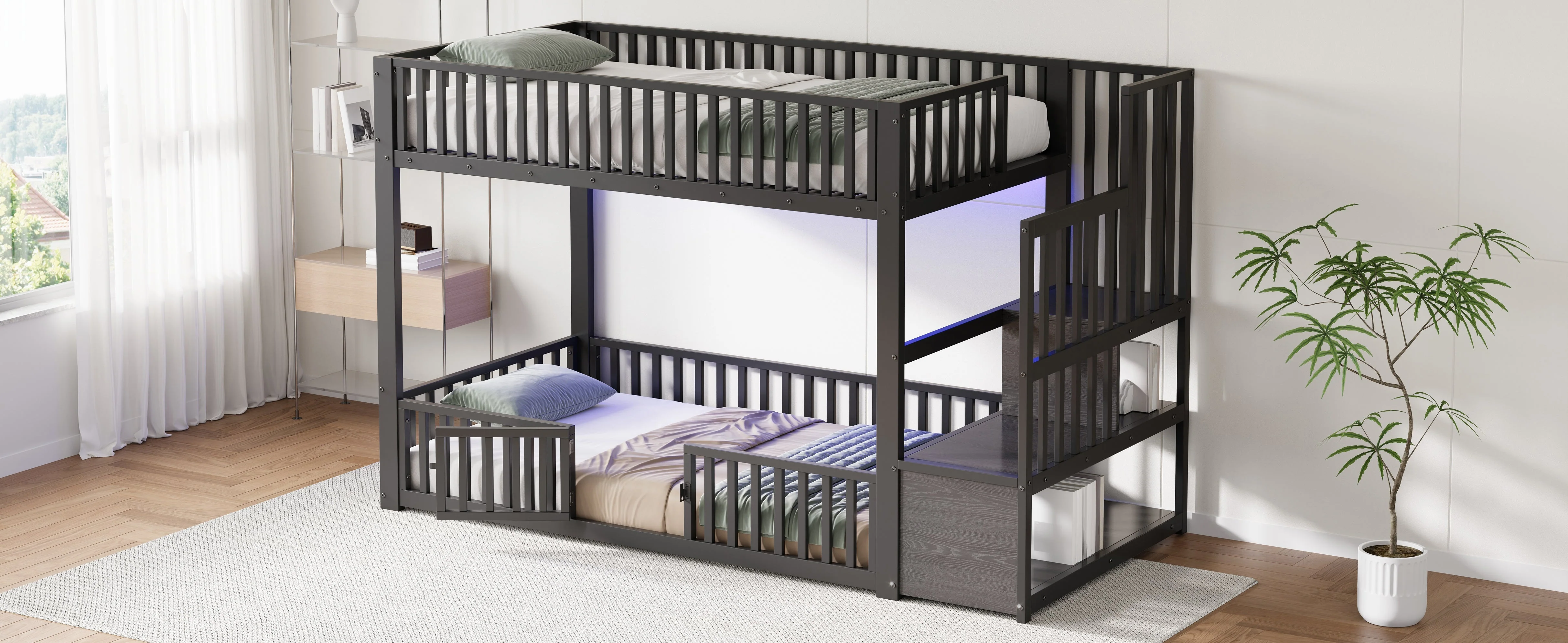 Bunk Bed with Storage Ladder and LED, 90x200cm, Black Metal - Image 7