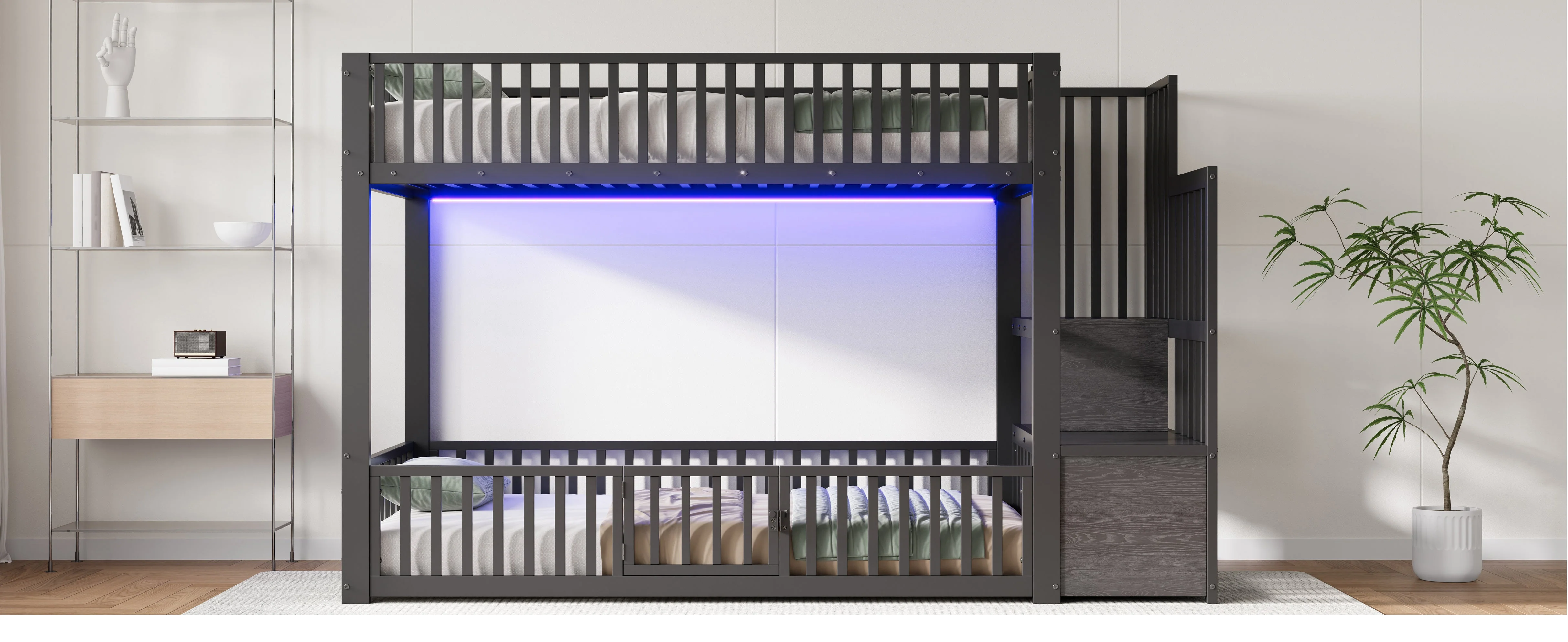 Bunk Bed with Storage Ladder and LED, 90x200cm, Black Metal - Image 8