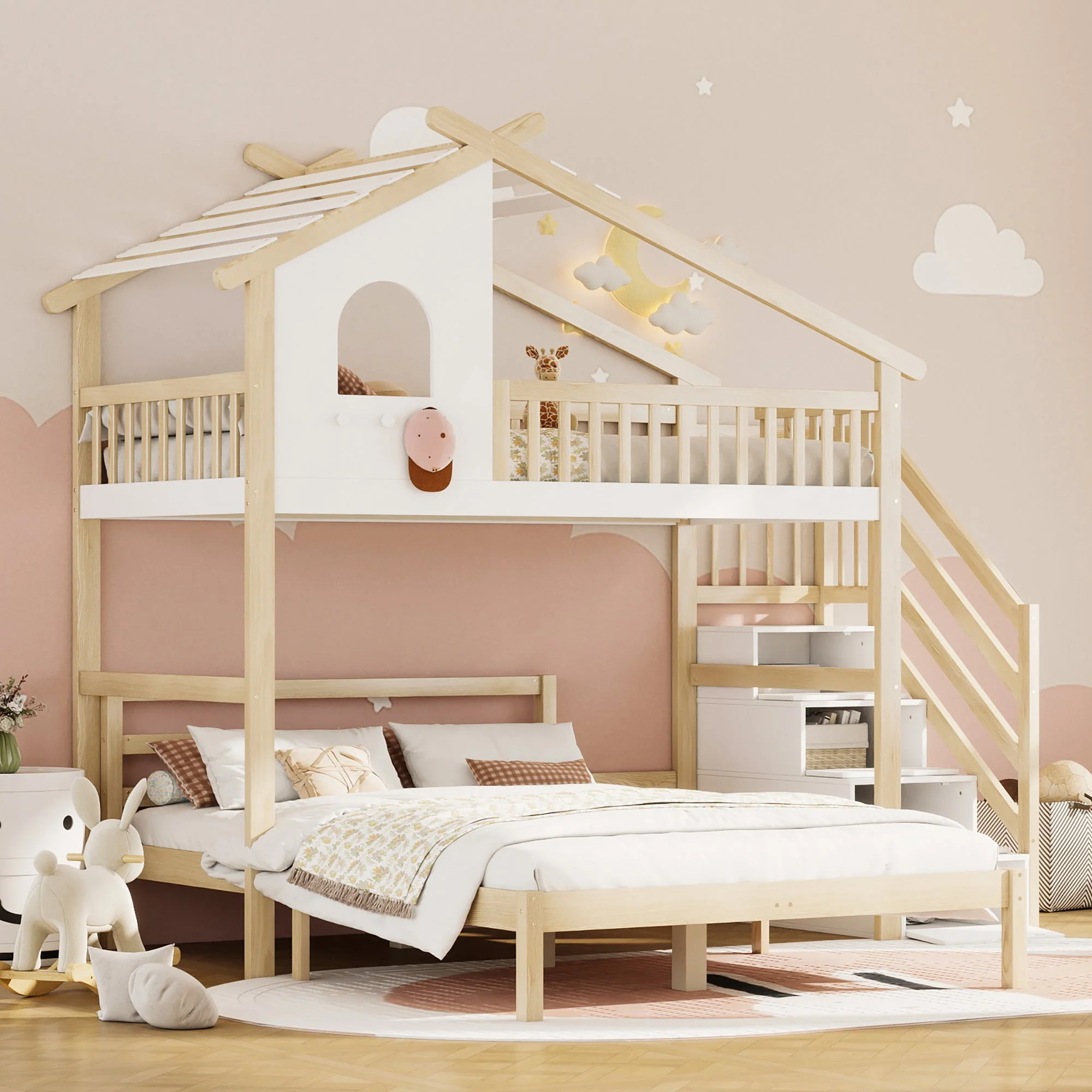 Bunk Bed with Storage Ladder, Bed Rail & Window, White + Natural - Image 3