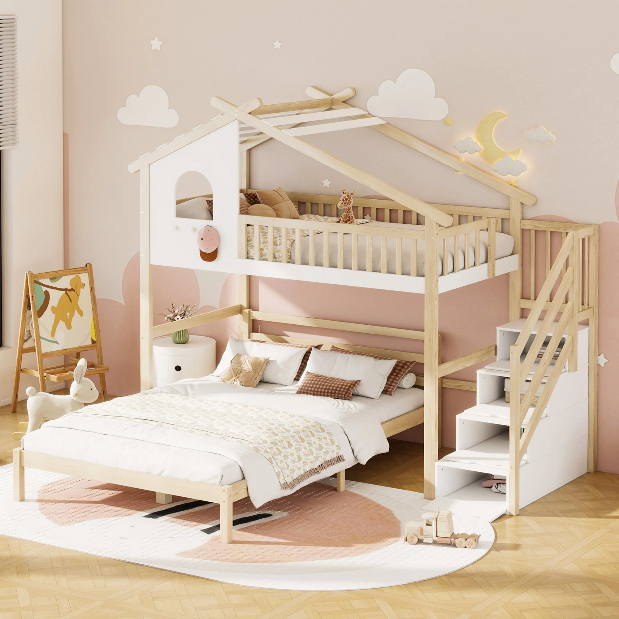 Bunk Bed with Storage Ladder, Bed Rail & Window, White + Natural - Image 4
