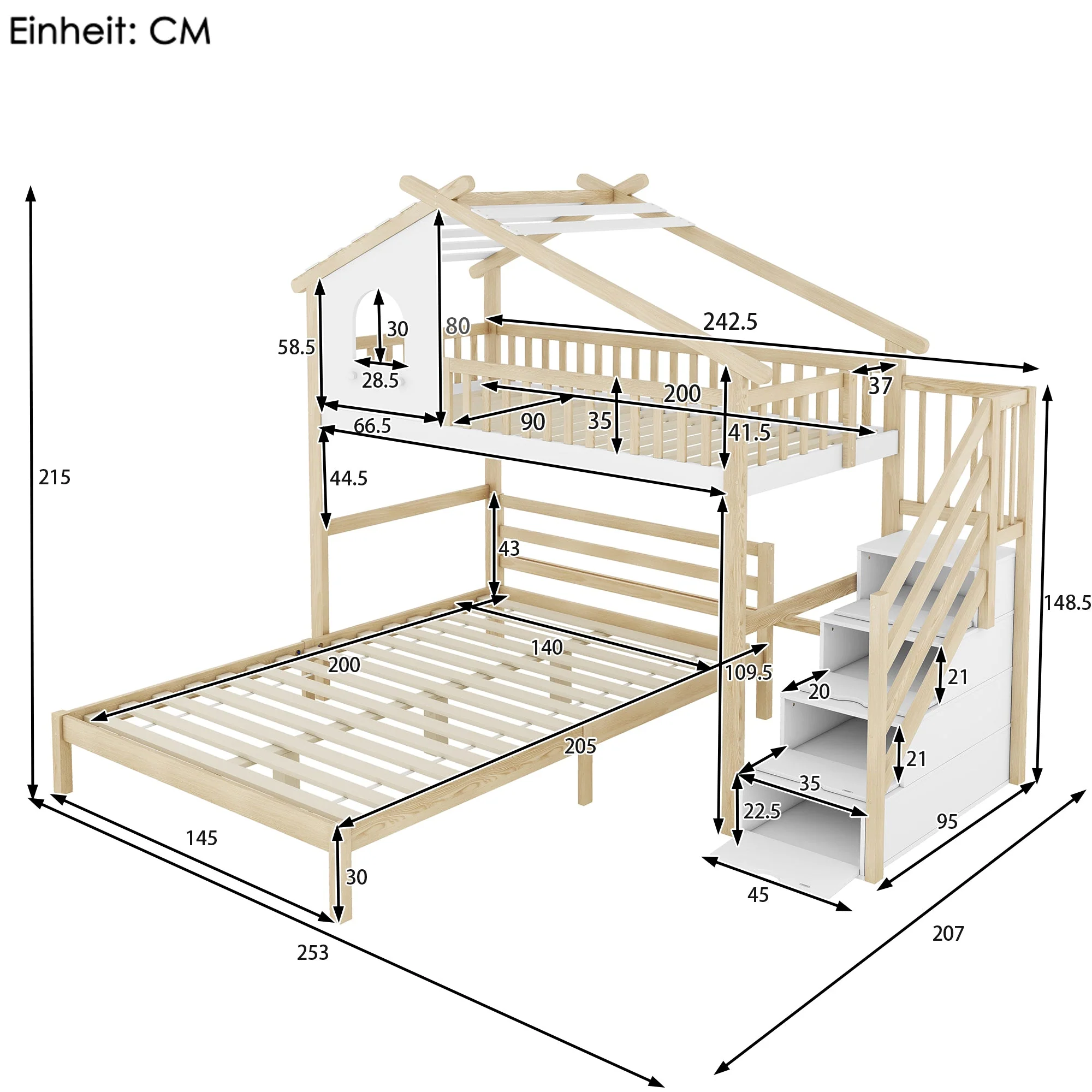 Bunk Bed with Storage Ladder, Bed Rail & Window, White + Natural - Image 7
