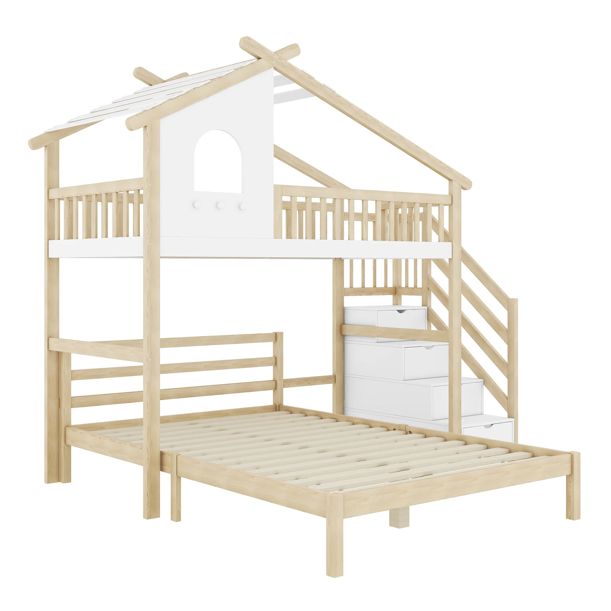 Bunk Bed with Storage Ladder, Bed Rail & Window, White + Natural - Image 9
