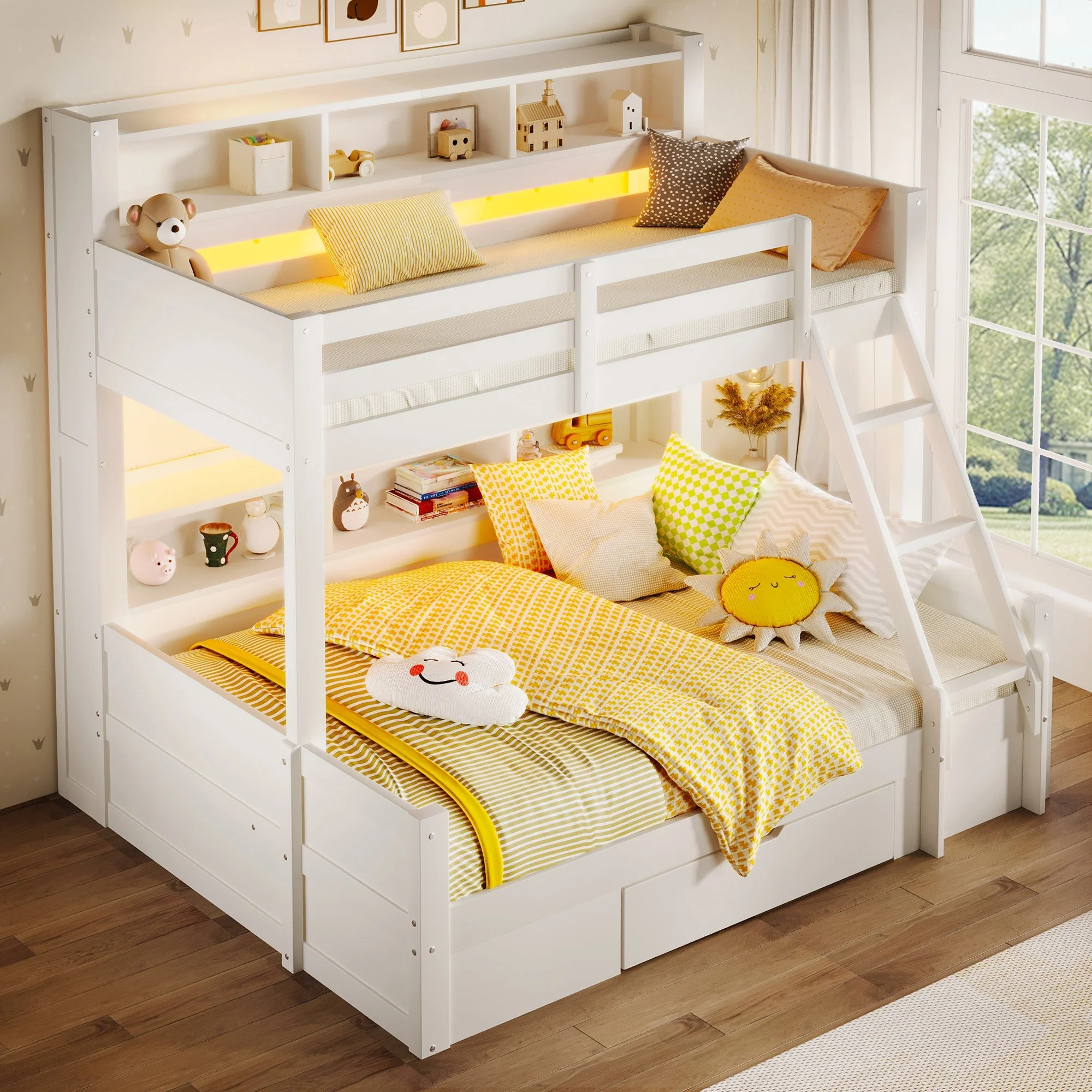 Bunk Bed with Storage Shelves, Drawer and LED Light, 90x200cm over 140x200cm, White - Image 4