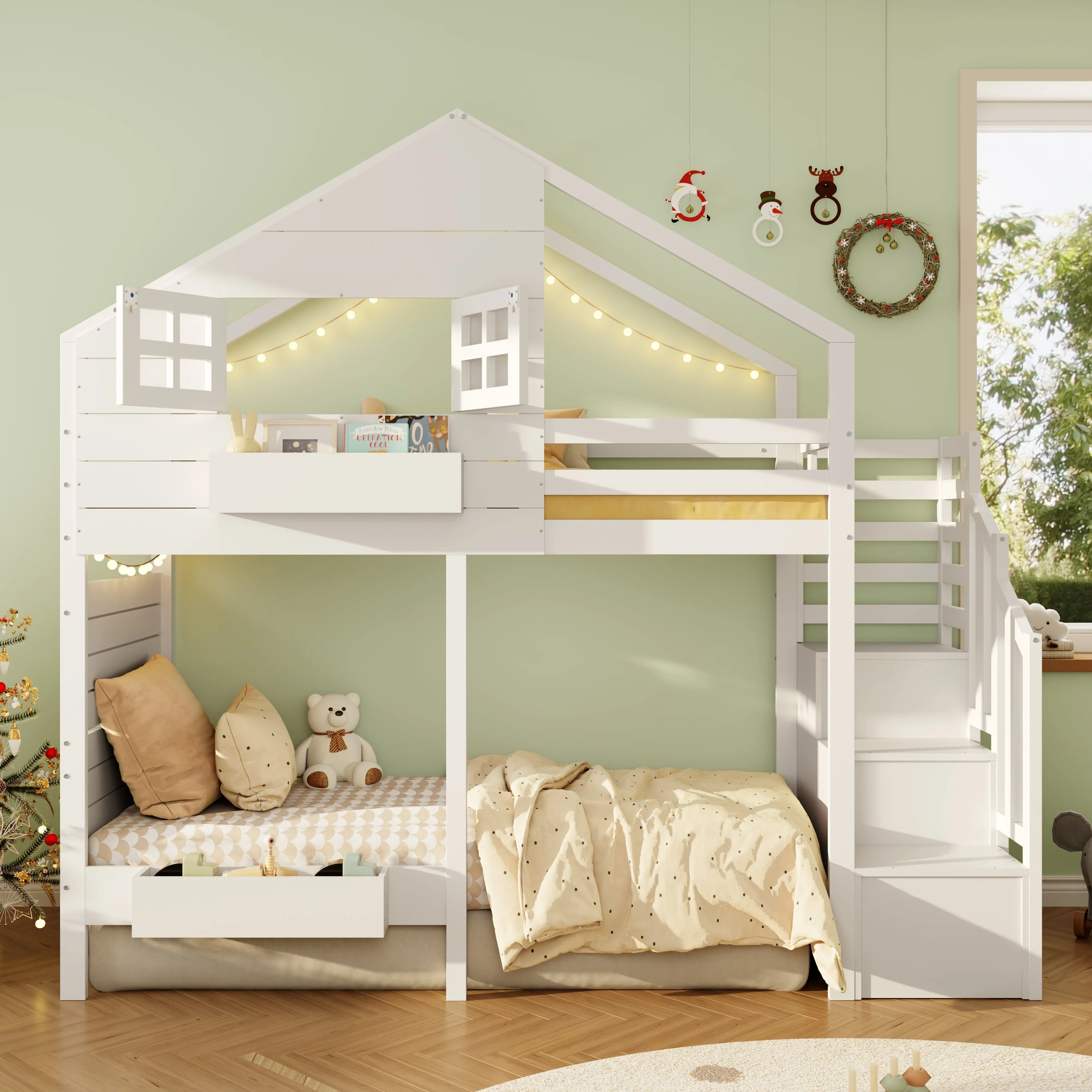 Bunk Bed with Storage Stairs and Fall Protection, 90x200cm, White Solid Wood - Image 3
