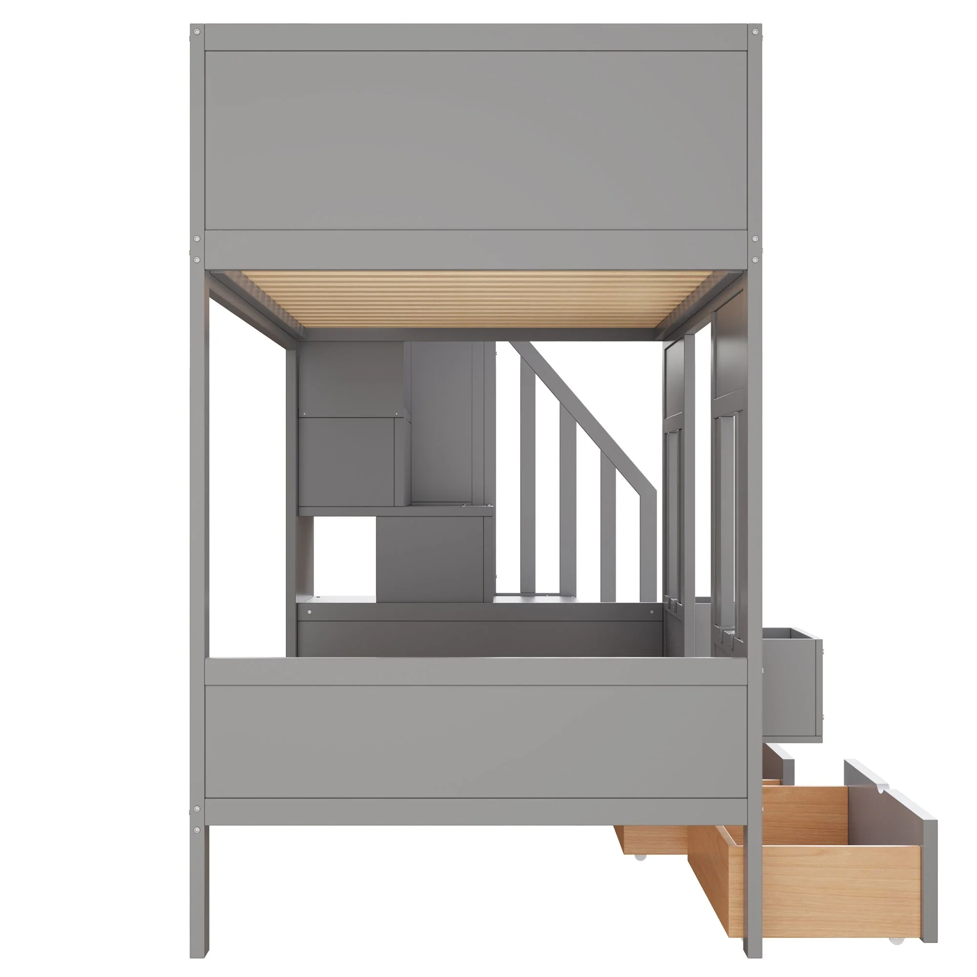 Bunk Bed with Storage Stairs, Drawers, Windows and Safety Railing, 90x200cm, Wood - Image 9
