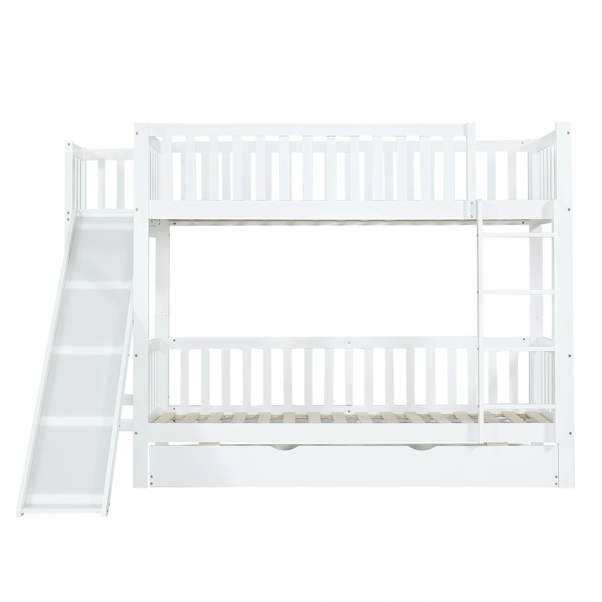 Bunk Bed with Trundle, Slide & Shelves, Pine + MDF White - Image 10