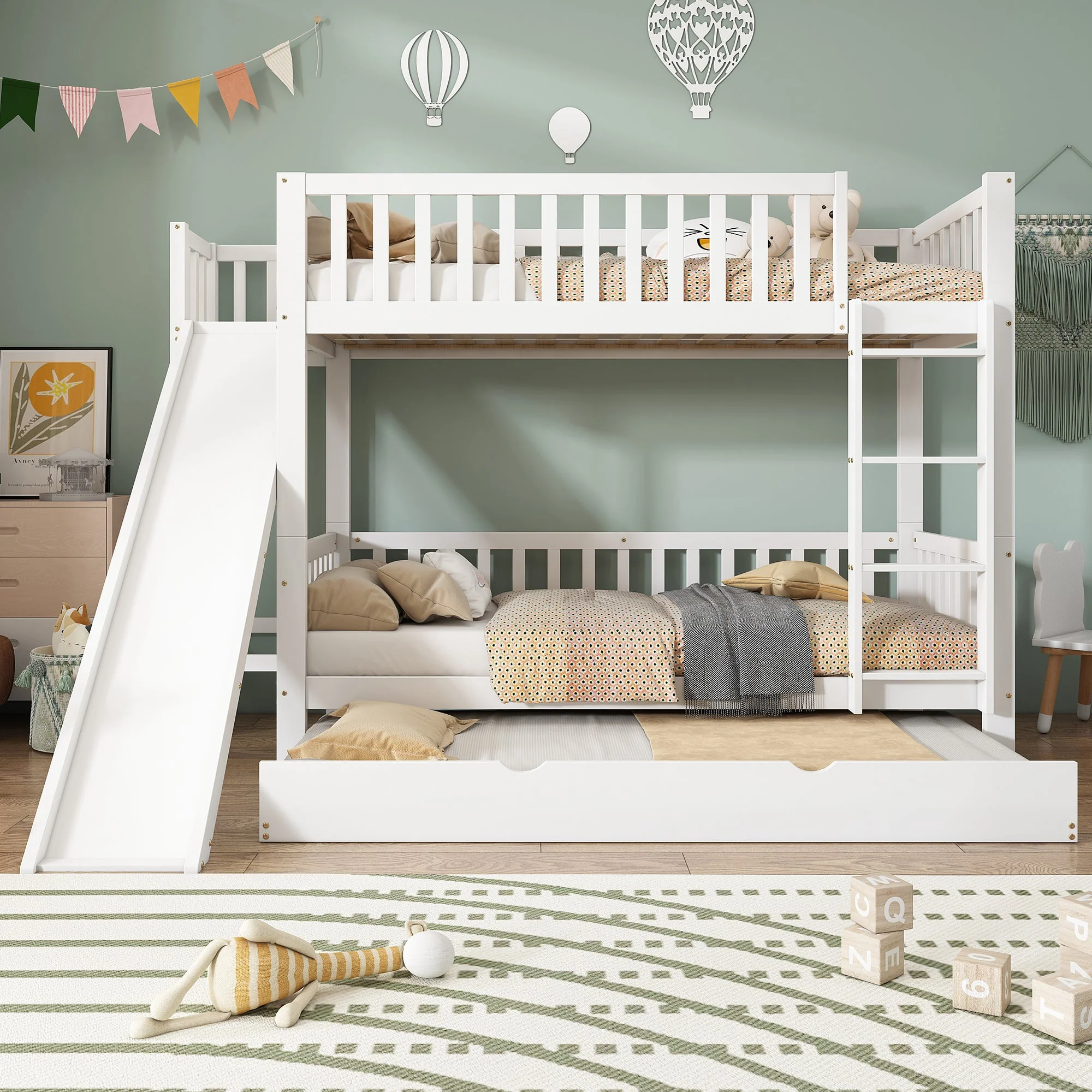 Bunk Bed with Trundle, Slide & Shelves, Pine + MDF White - Image 2