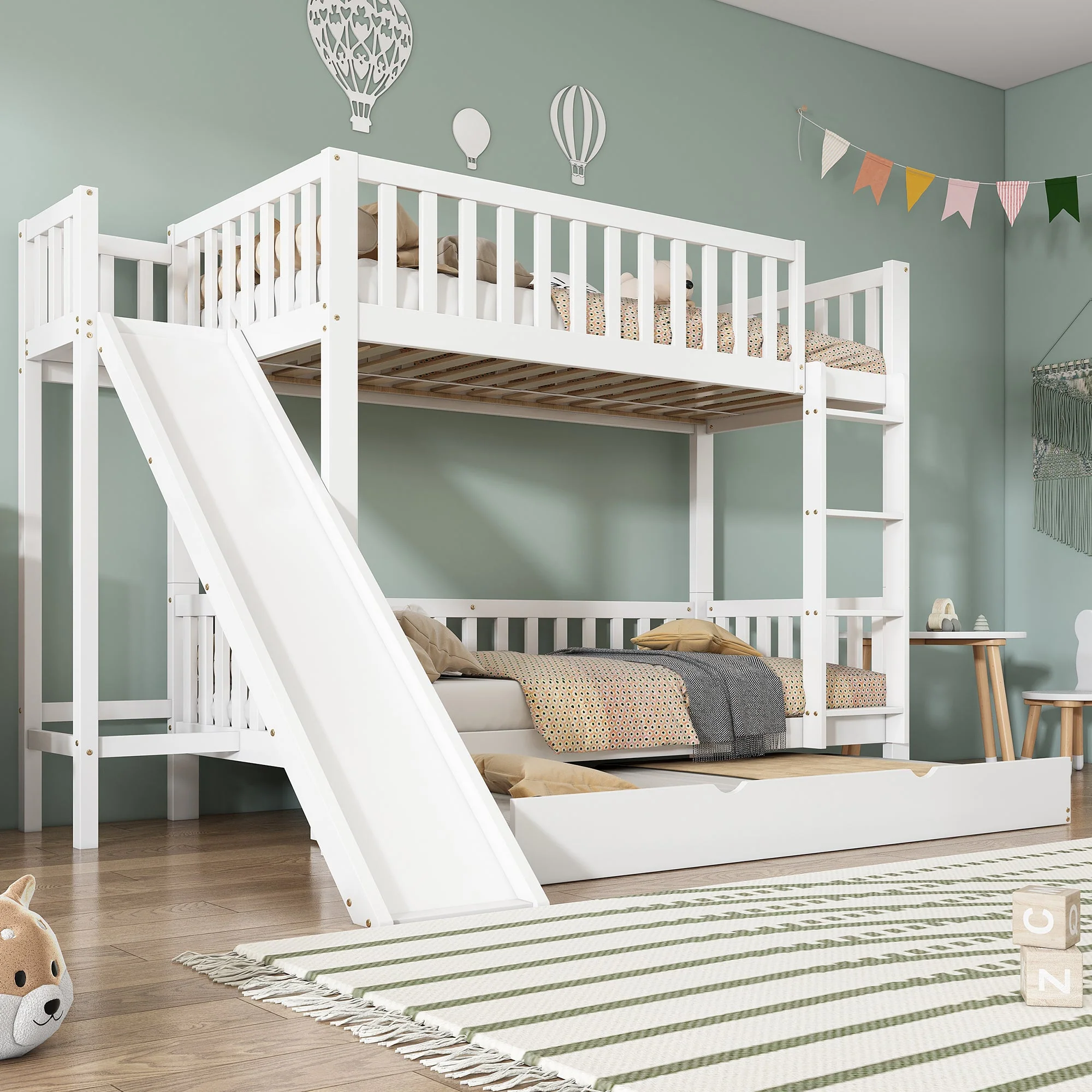 Bunk Bed with Trundle, Slide & Shelves, Pine + MDF White - Image 3