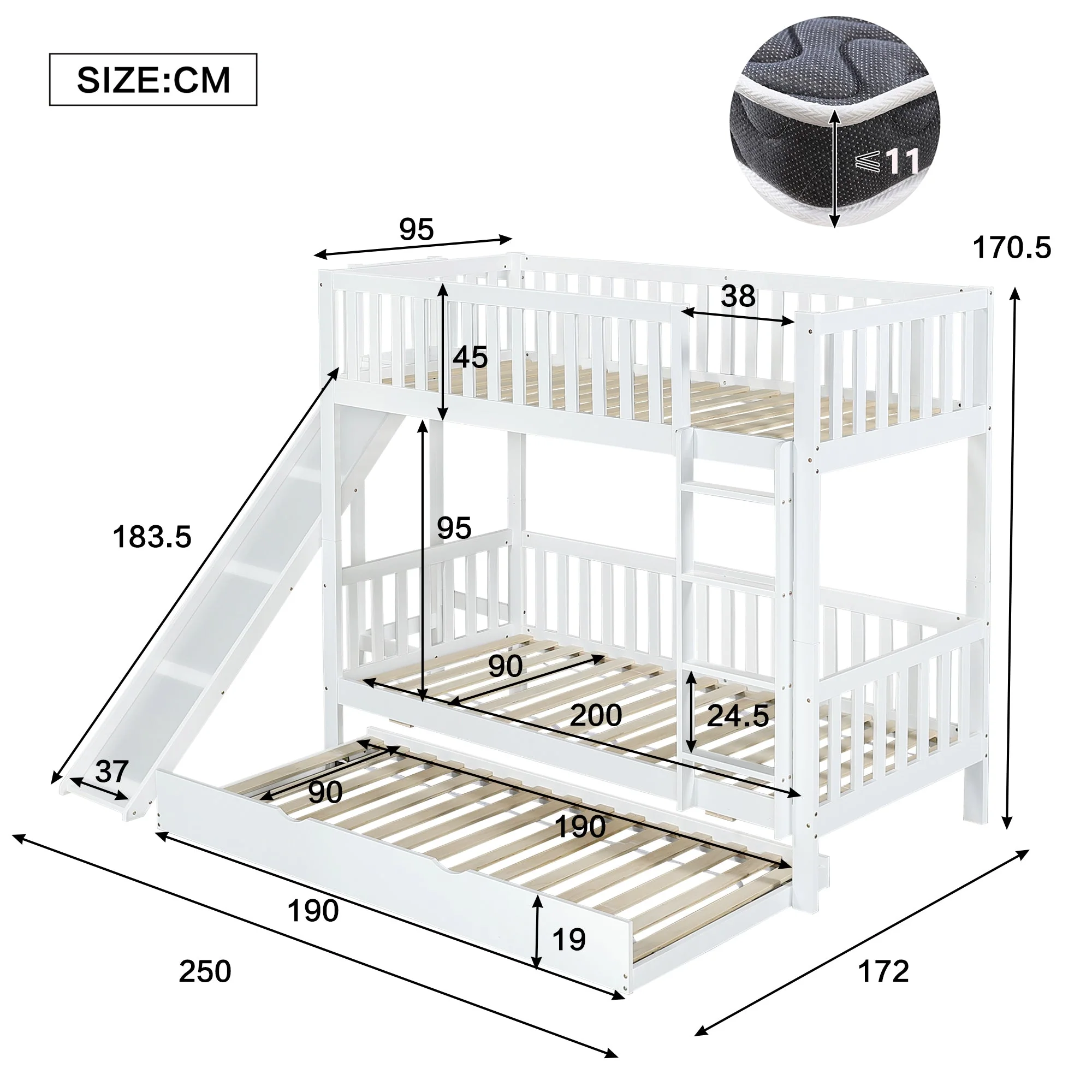 Bunk Bed with Trundle, Slide & Shelves, Pine + MDF White - Image 4