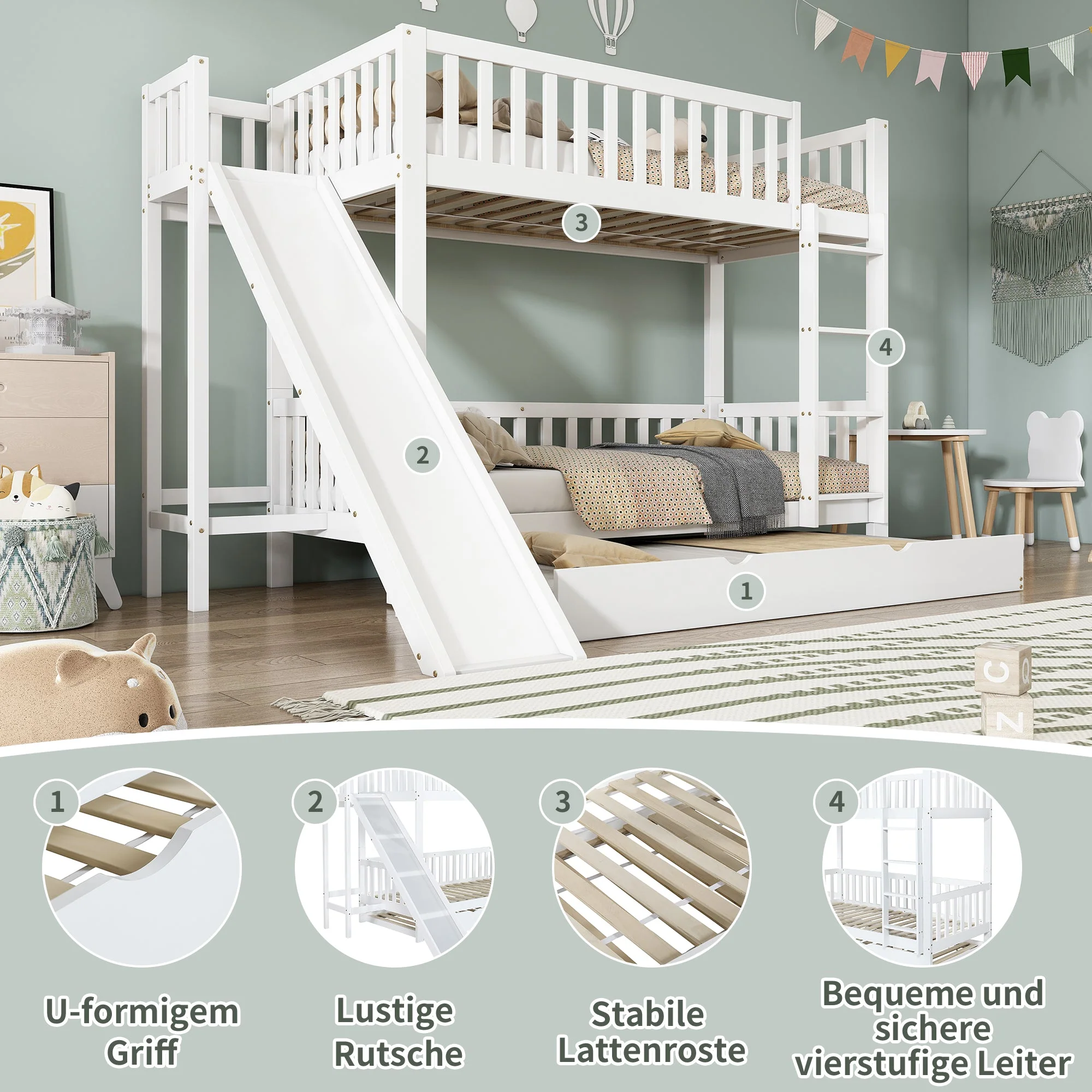 Bunk Bed with Trundle, Slide & Shelves, Pine + MDF White - Image 5