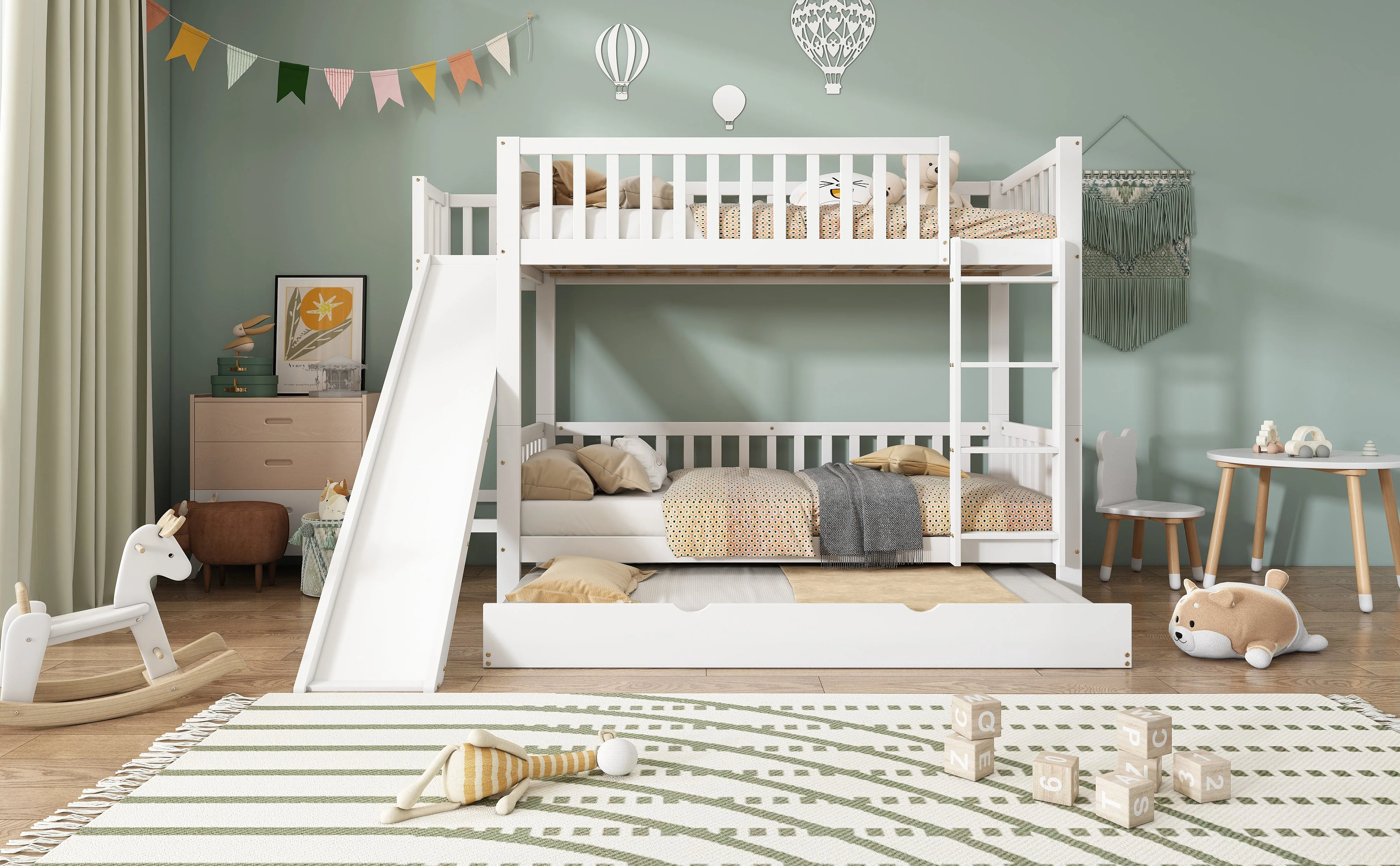 Bunk Bed with Trundle, Slide & Shelves, Pine + MDF White - Image 6