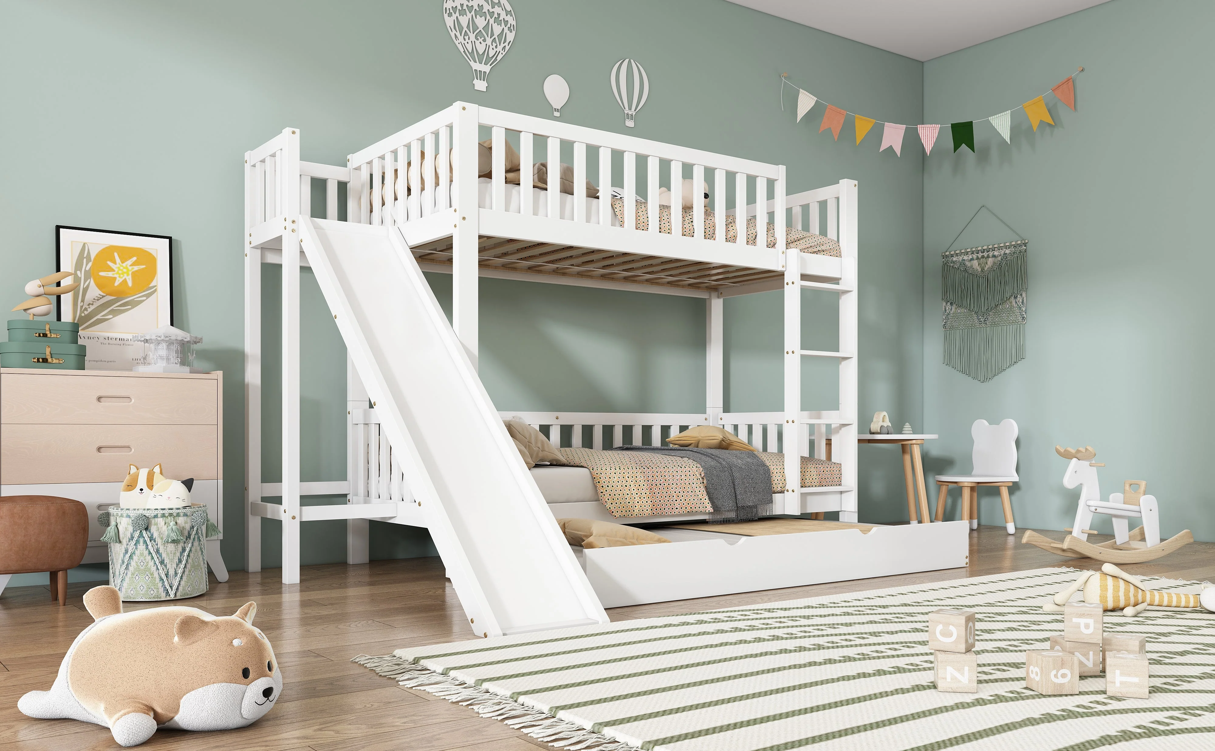 Bunk Bed with Trundle, Slide & Shelves, Pine + MDF White - Image 7