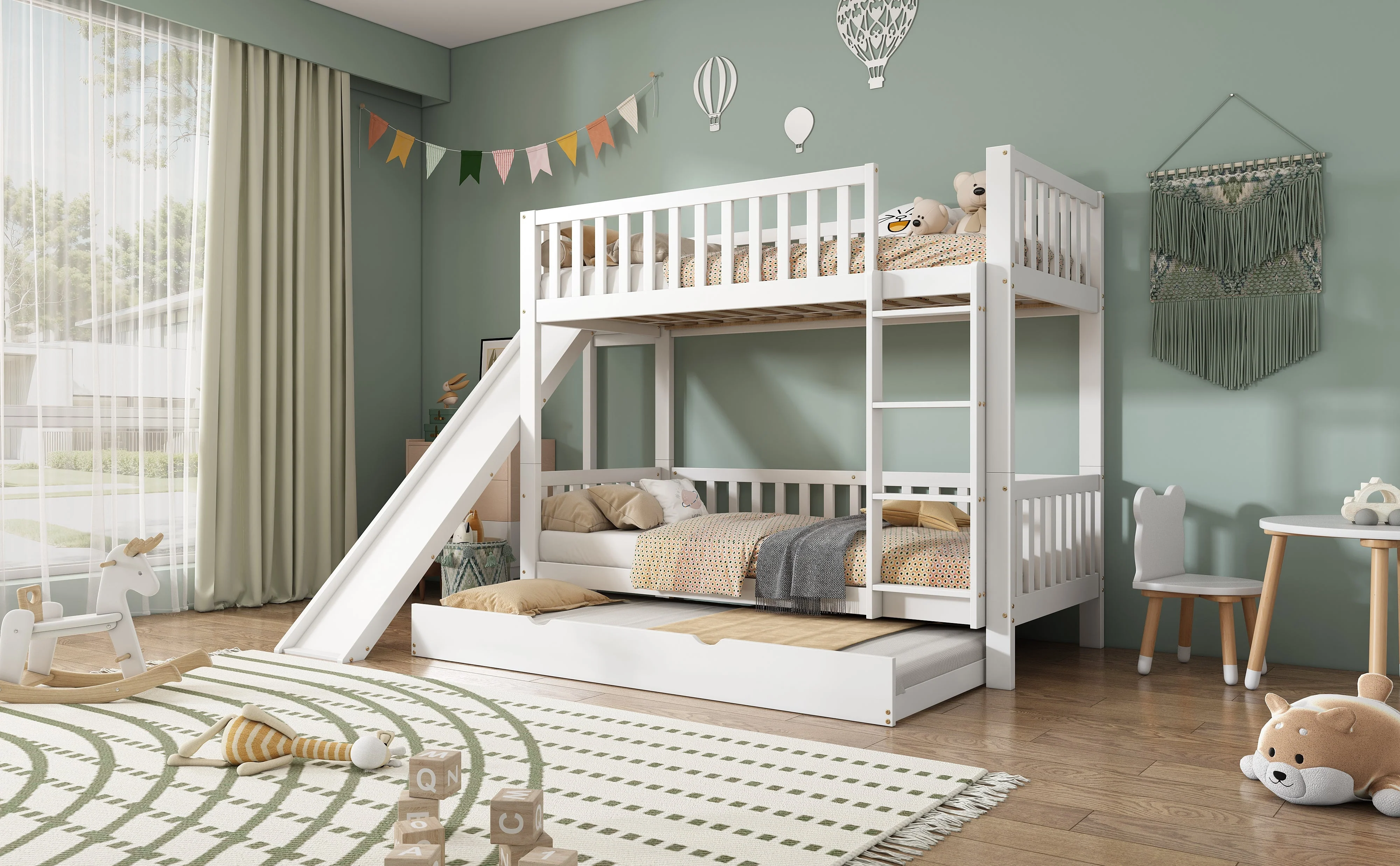 Bunk Bed with Trundle, Slide & Shelves, Pine + MDF White - Image 8
