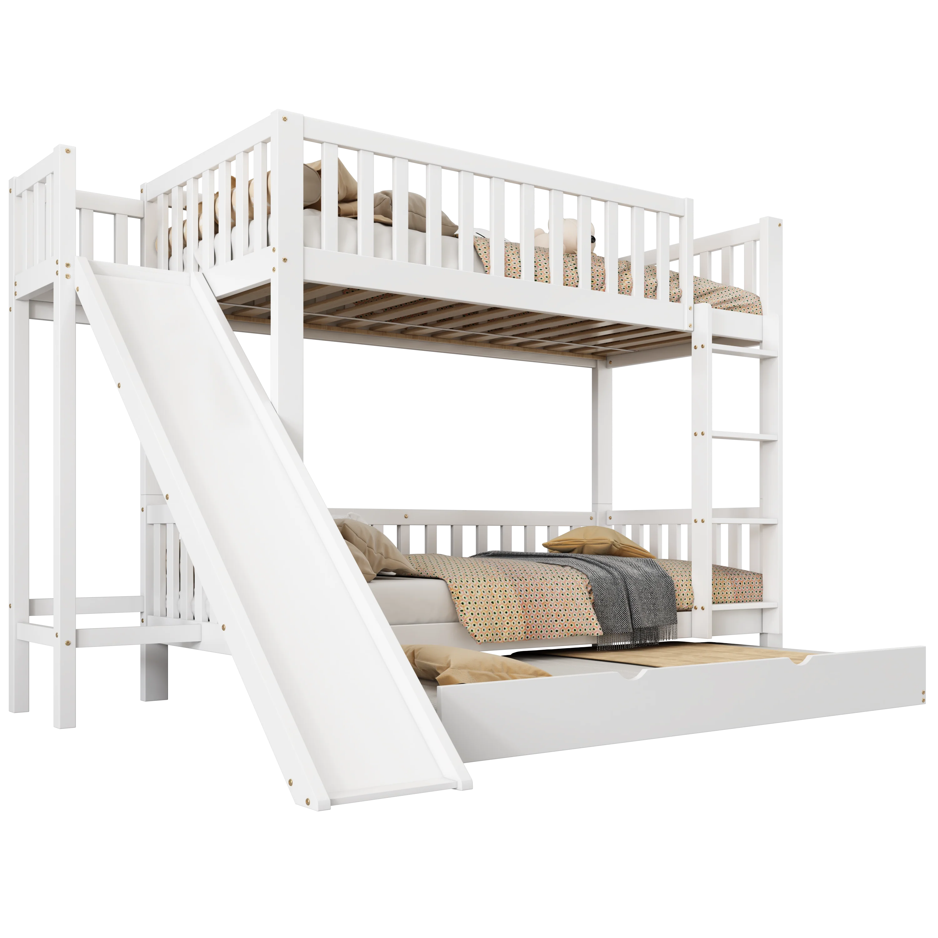 Bunk Bed with Trundle, Slide & Shelves, Pine + MDF White - Image 9