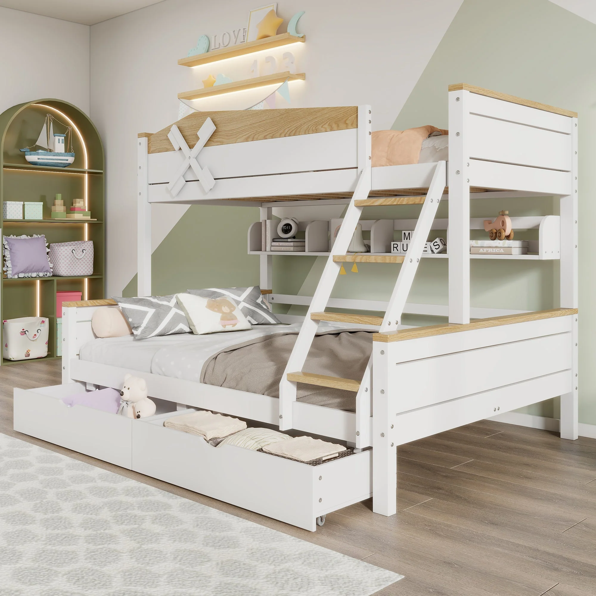 Bunk Bed with Windmill, Shelves & Drawers, Pine + MDF, White + Natural - Image 3