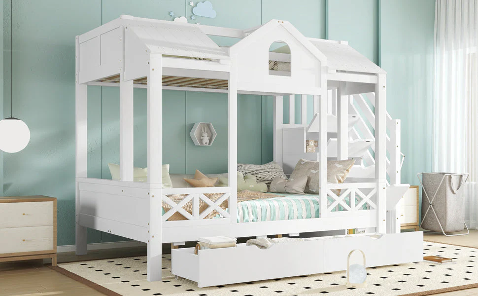 Bunk Bed with Windows Roof Stair Storage Drawers 90/140x200cm White Pine - Image 9