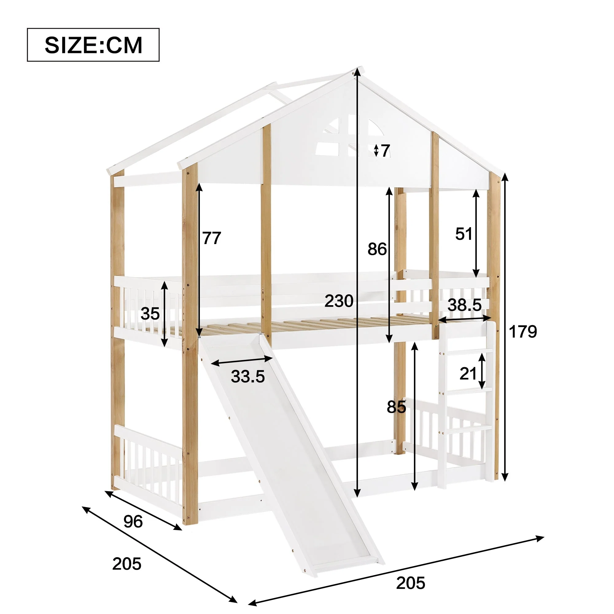 Bunk Bed with Windows, Slide, Safety Railings, 90x200cm, Solid Wood, White/Natural - Image 5