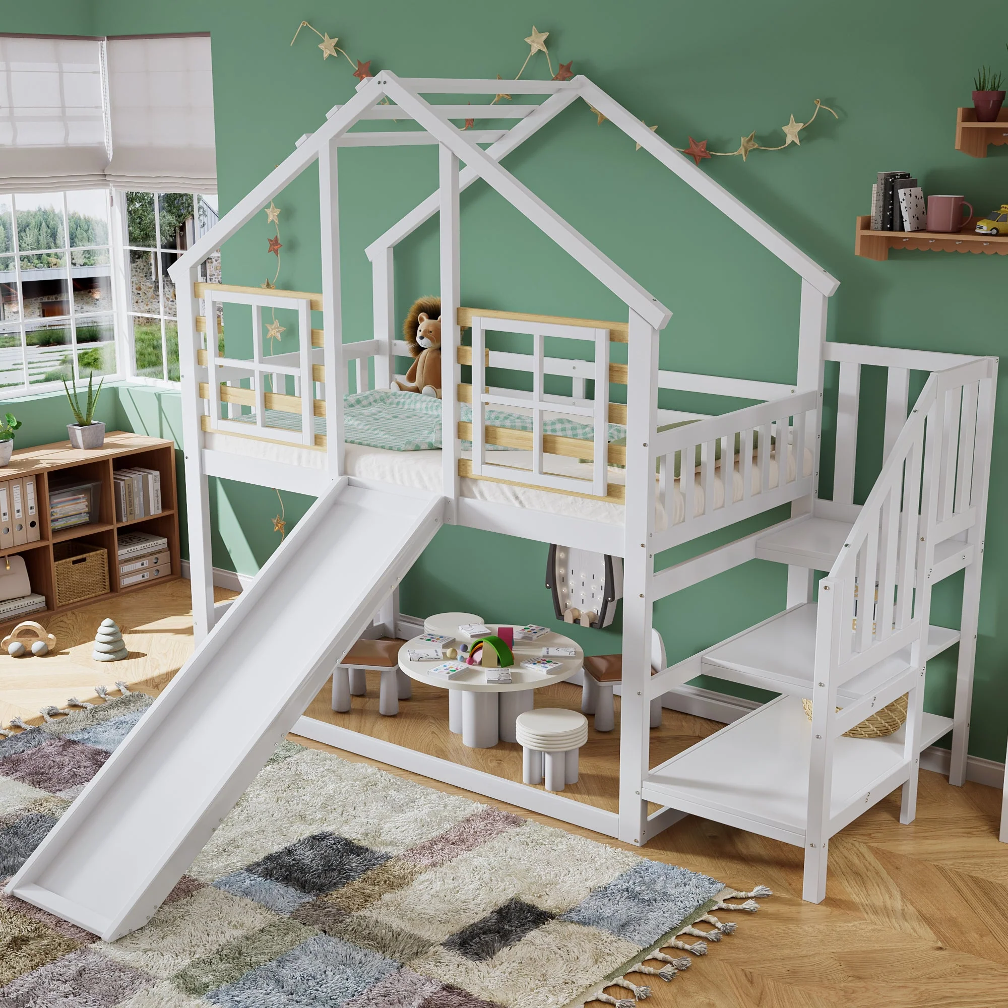 Bunk Bed, Wooden with Stairs, Slide & Window, Solid Wood, White - Image 10