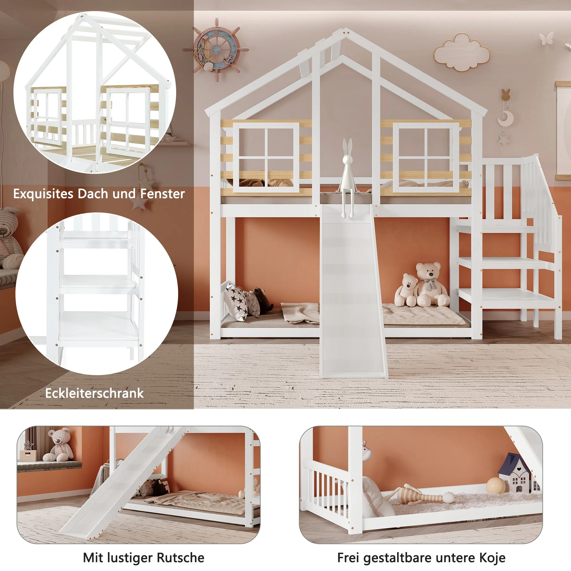 Bunk Bed, Wooden with Stairs, Slide & Window, Solid Wood, White - Image 4