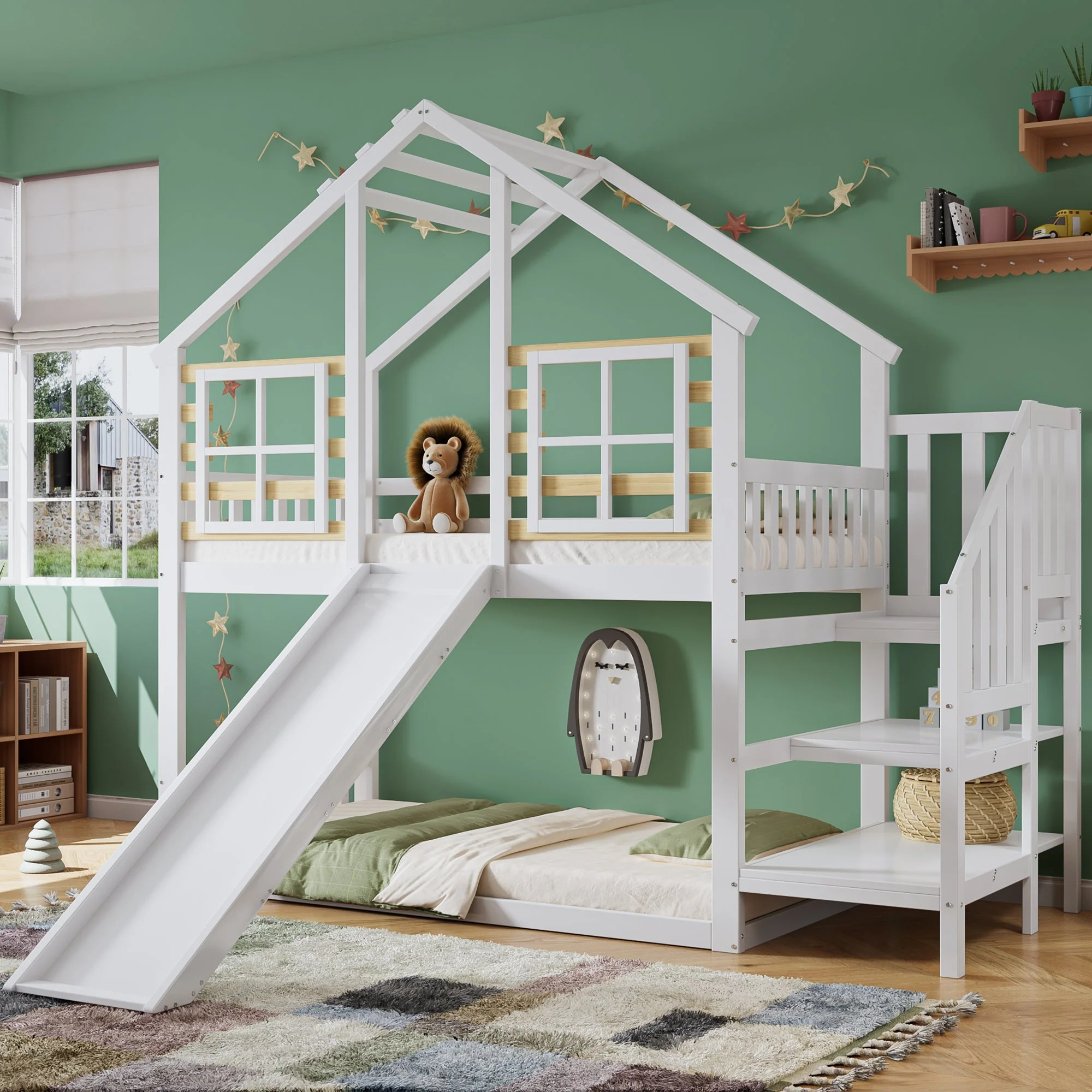 Bunk Bed, Wooden with Stairs, Slide & Window, Solid Wood, White - Image 9