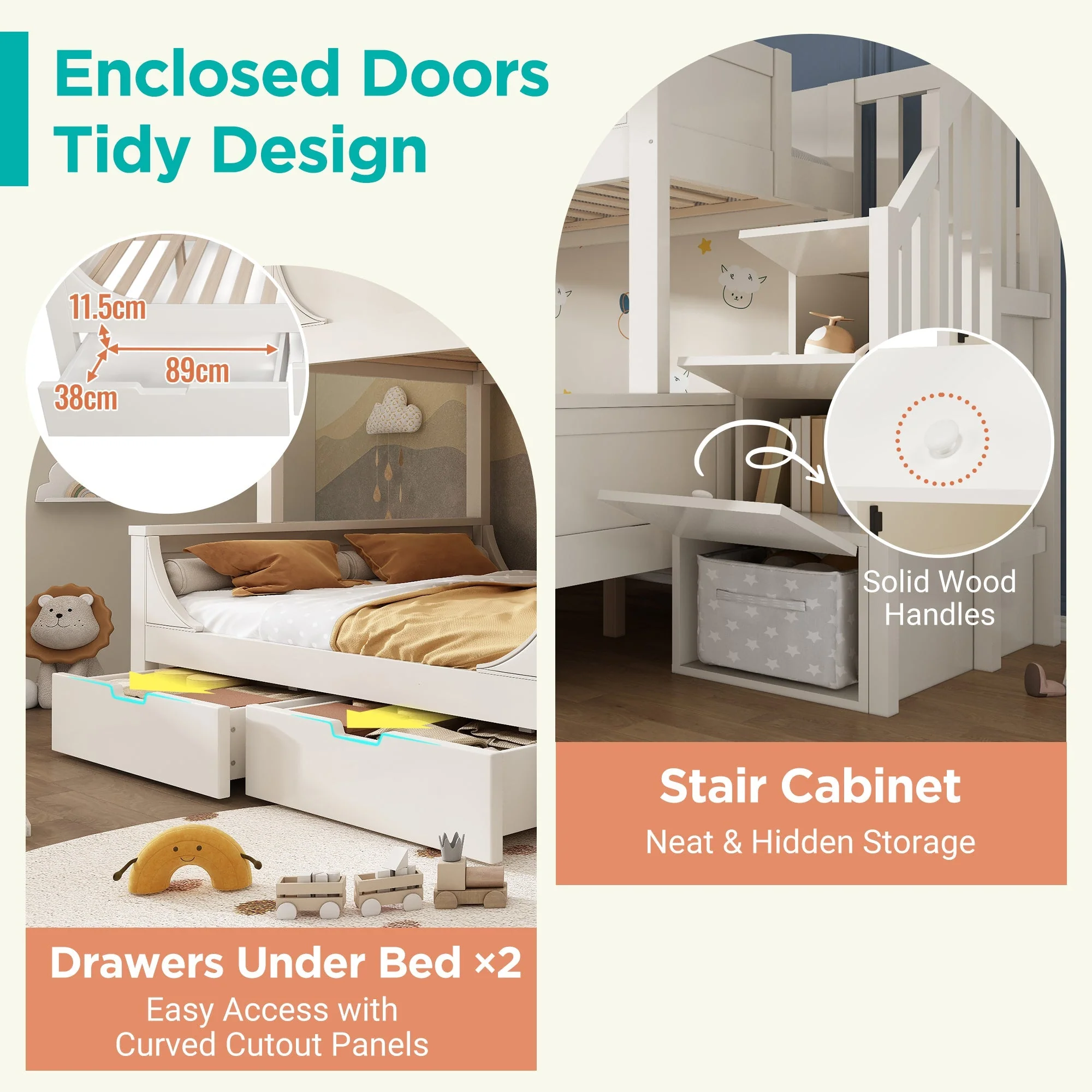 Bunk Beds for Kids, Staircase with Drawers and Storage, Solid Wood, White - Image 3