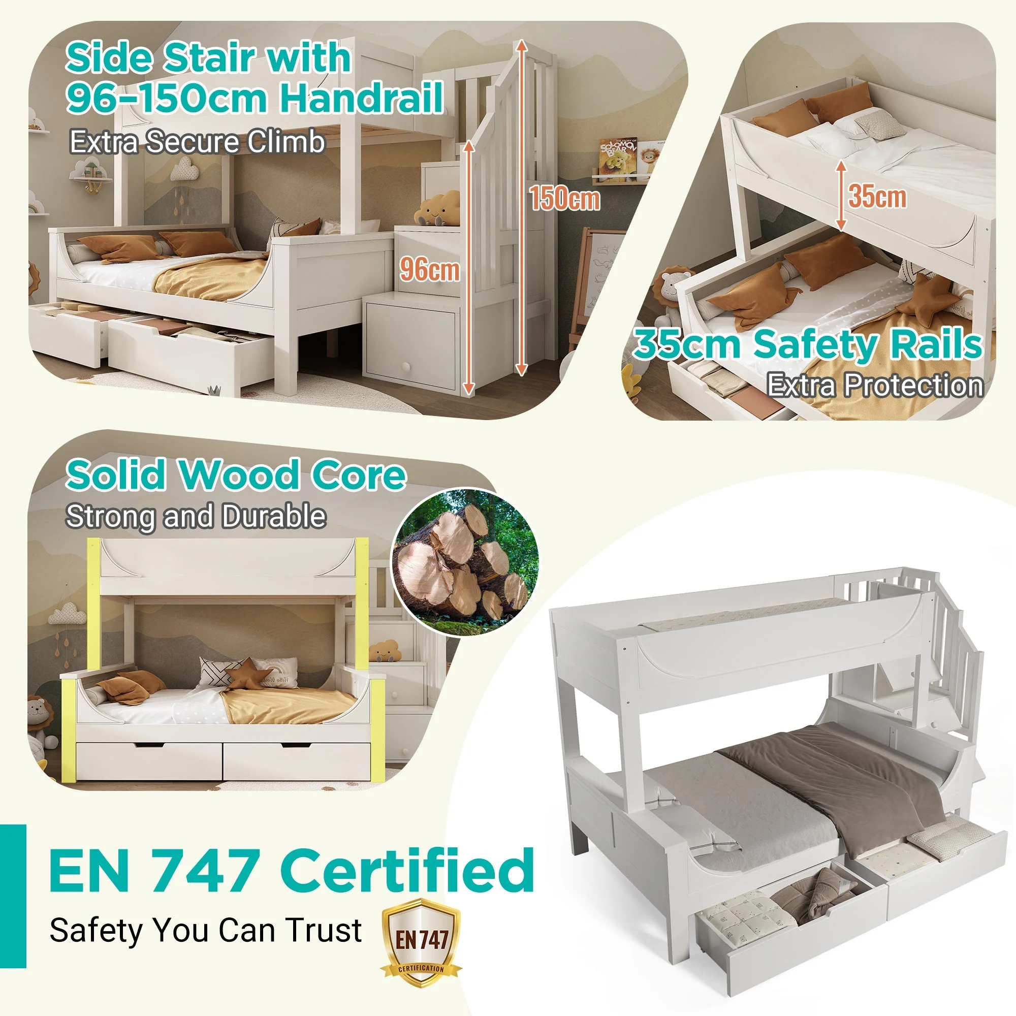Bunk Beds for Kids, Staircase with Drawers and Storage, Solid Wood, White - Image 4
