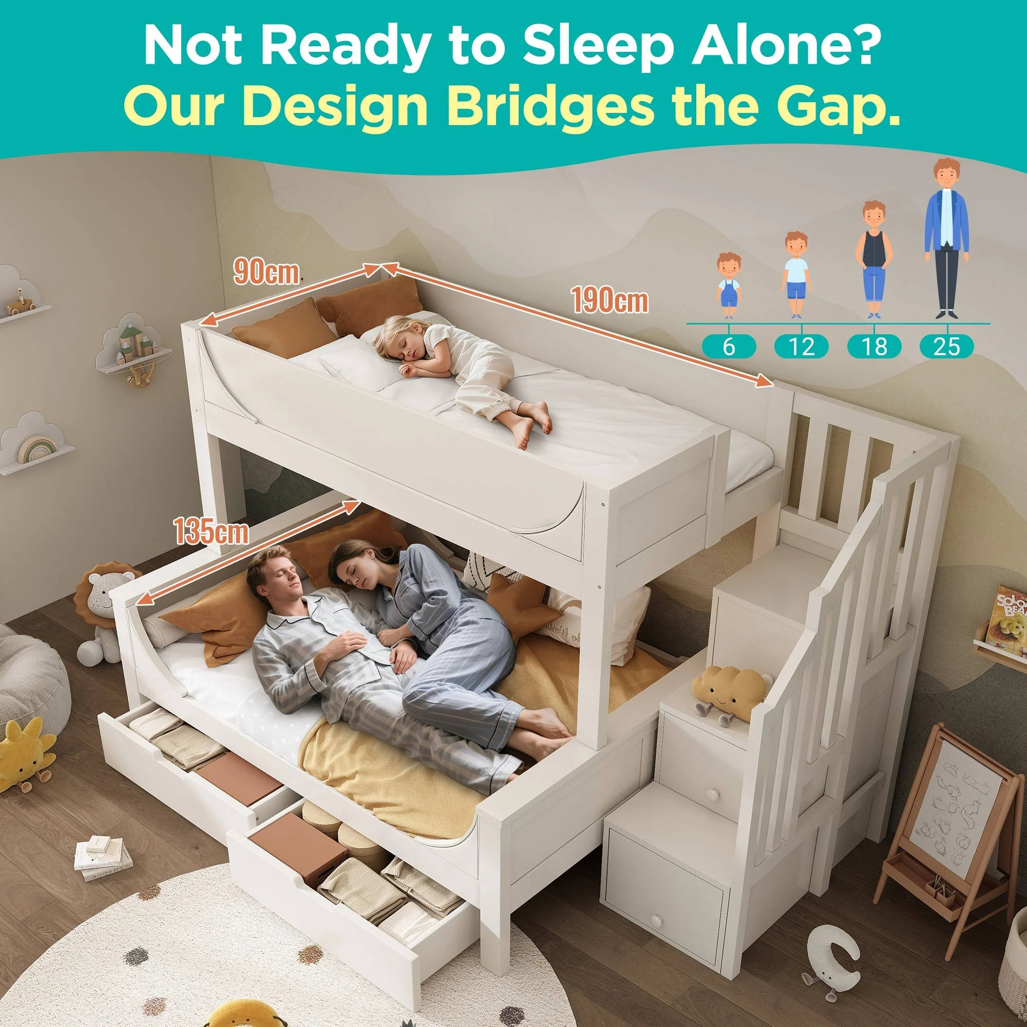 Bunk Beds for Kids, Staircase with Drawers and Storage, Solid Wood, White - Image 5