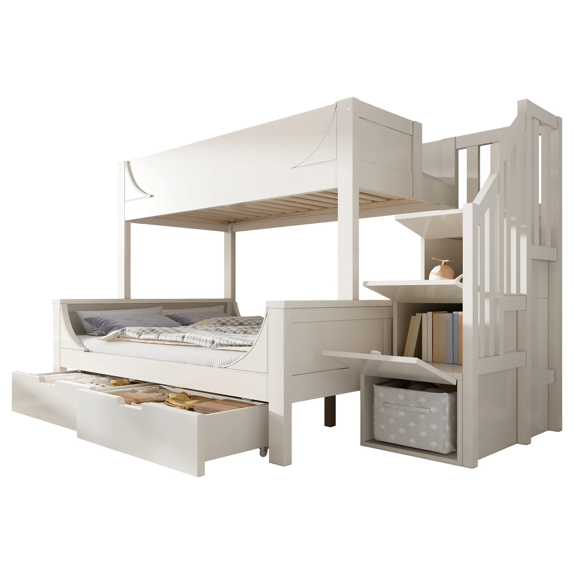 Bunk Beds for Kids, Staircase with Drawers and Storage, Solid Wood, White - Image 6