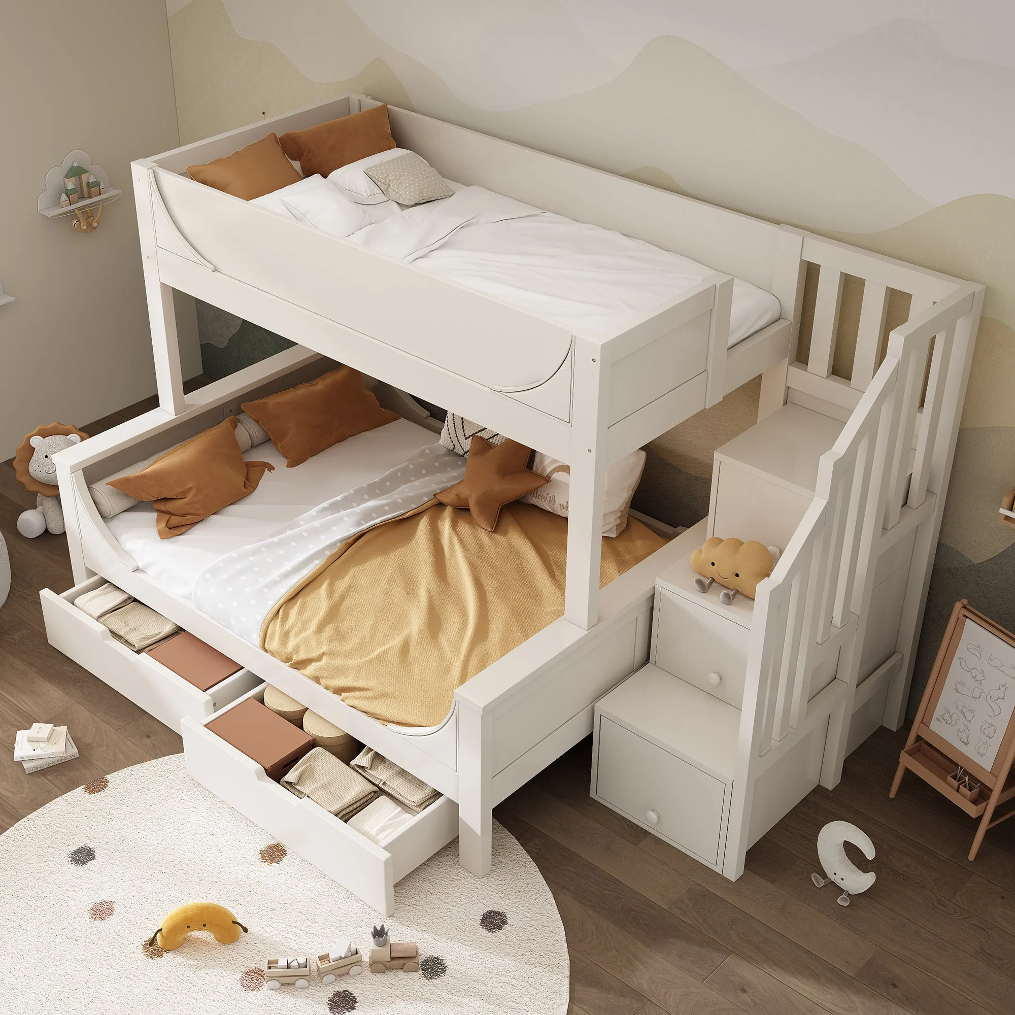 Bunk Beds for Kids, Staircase with Drawers and Storage, Solid Wood, White - Image 7
