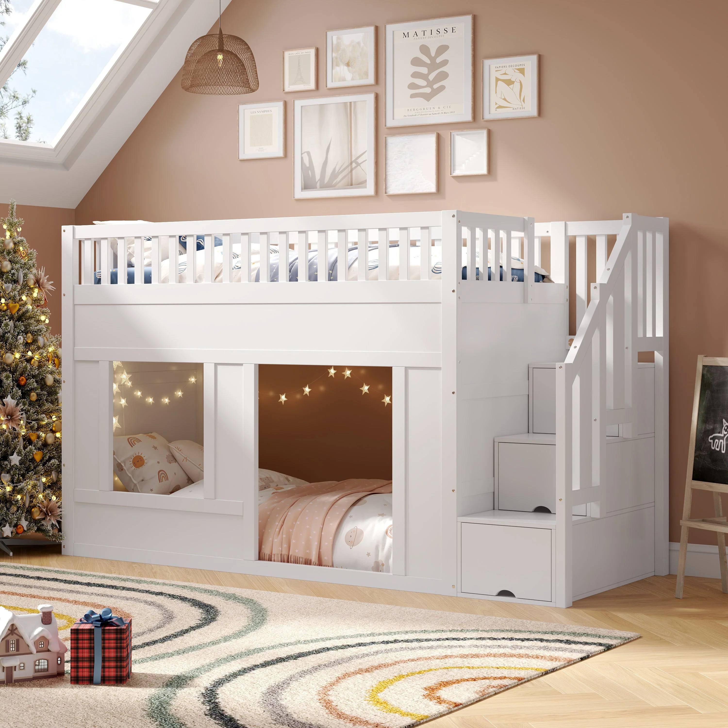 Bunk Loft Bed with Staircase Wardrobe and Convertible Play Area, 90x200cm, White - Image 3