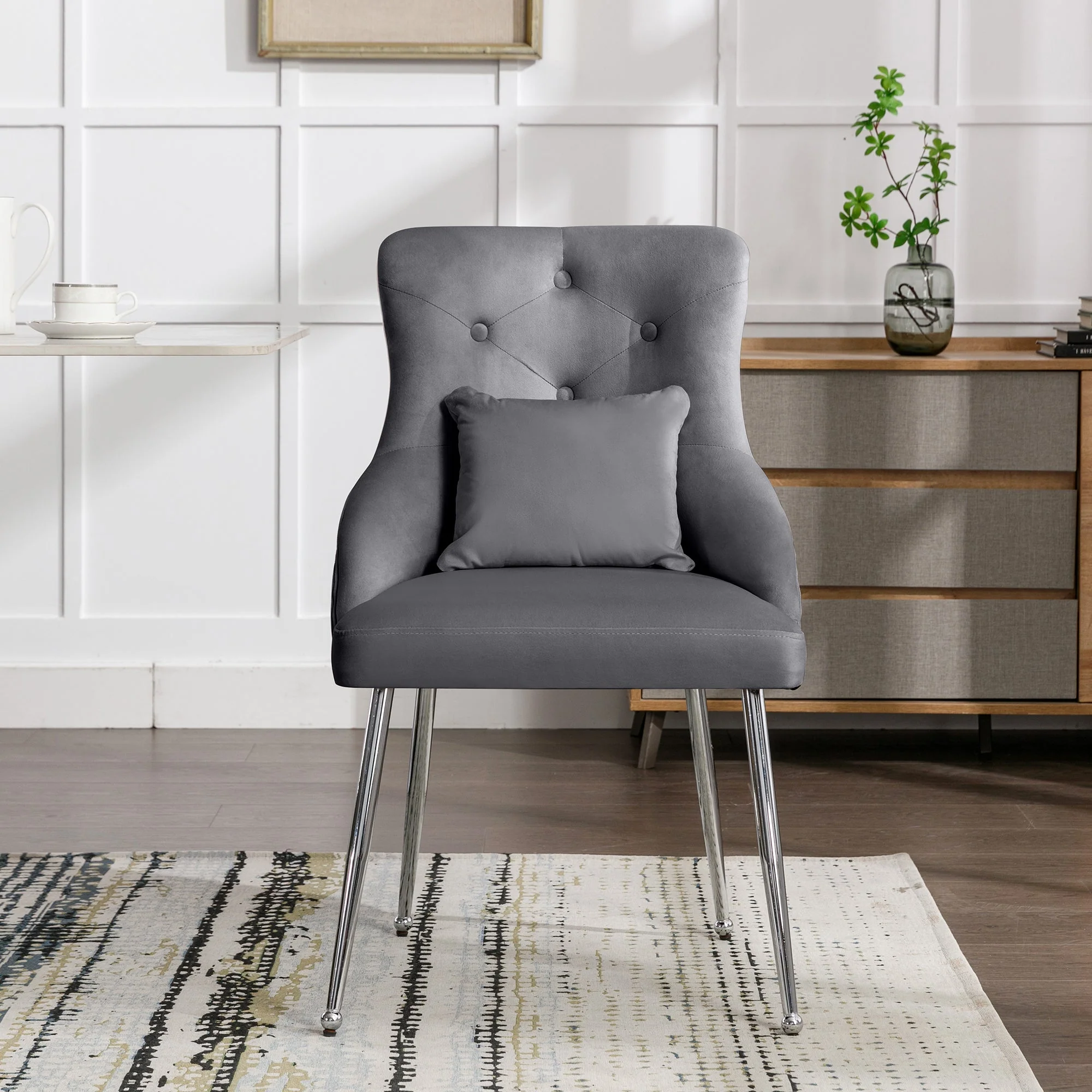 Button Pattern Dining Chair, Upholstered Armchair with Metal Legs, Modern Lounge Chair, Grey - Image 2