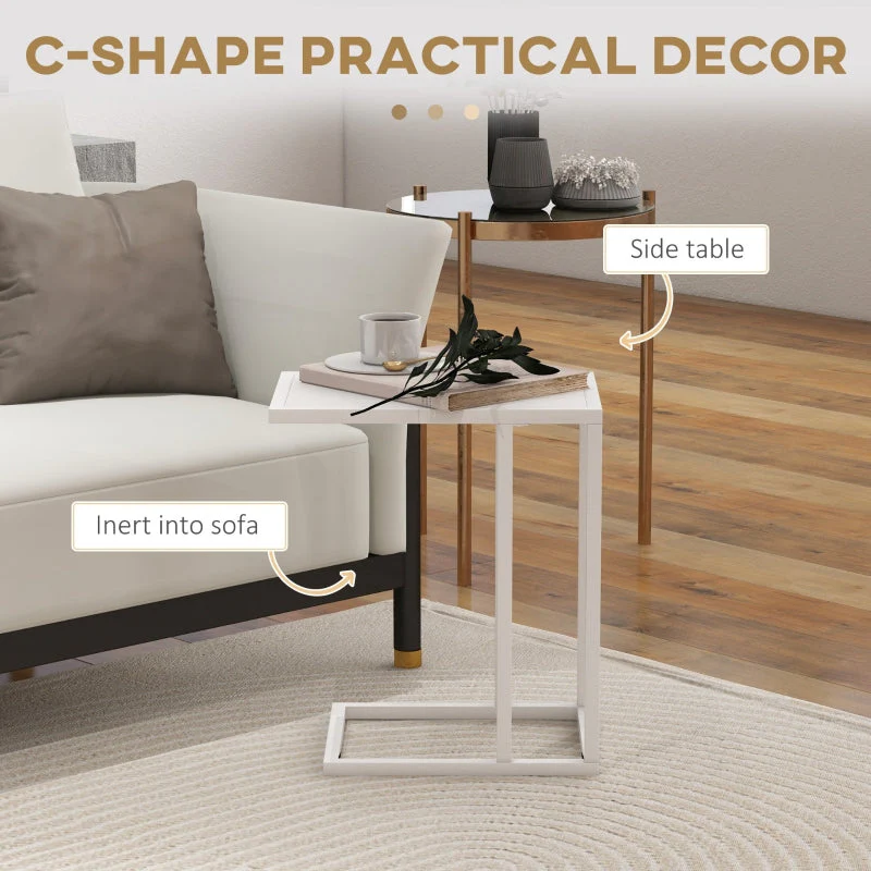 C Shape Bedside Table, Narrow Snack End Table, Metal Frame Wood-Effect Top, White - Image 4